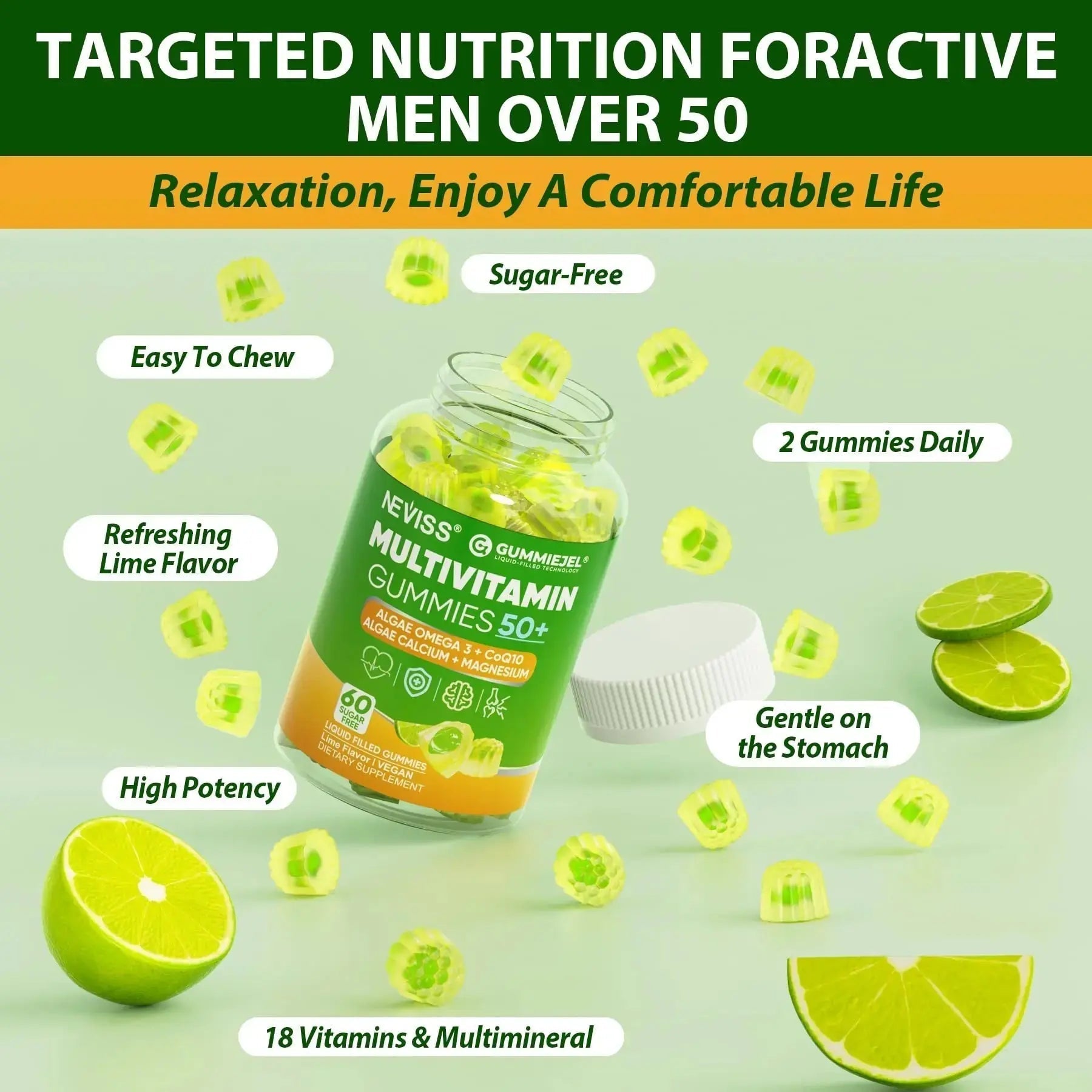 Multivitamin for Men 50 + Plus, Sugar Free Men Multivitamins Gummies w/Omega-3, Coq10, D3k2, Calcium, Magnesium NEVISS Au supplements