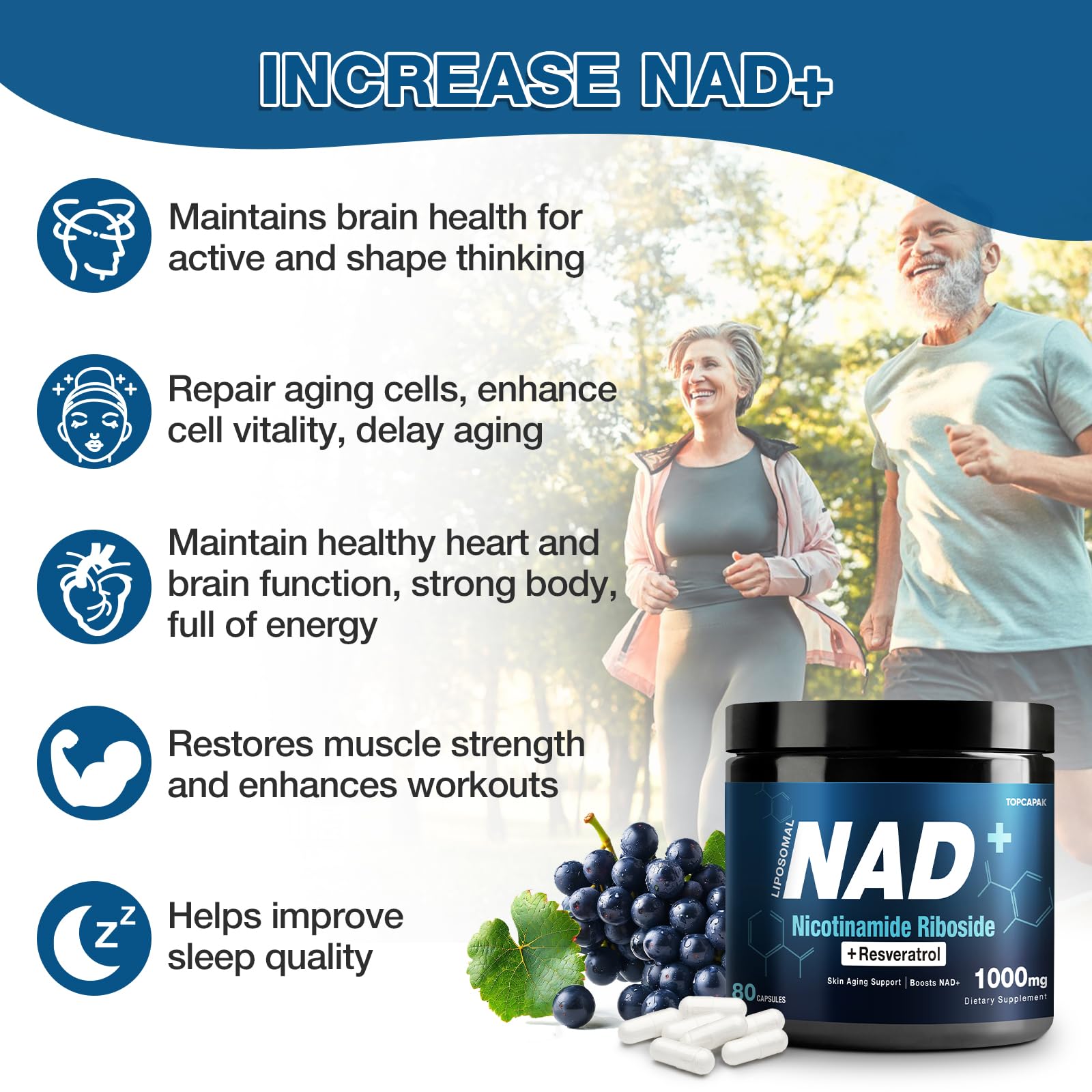 NAD+ Supplement 1000mg - Nicotinamide Riboside (NR) and Resveratrol, Liposomal NAD of Pure Organic Ingredients for Women & Men Healthy Aging, Brain and Cellular Energy, 80 Capsules TOPCAPAK Au supplements