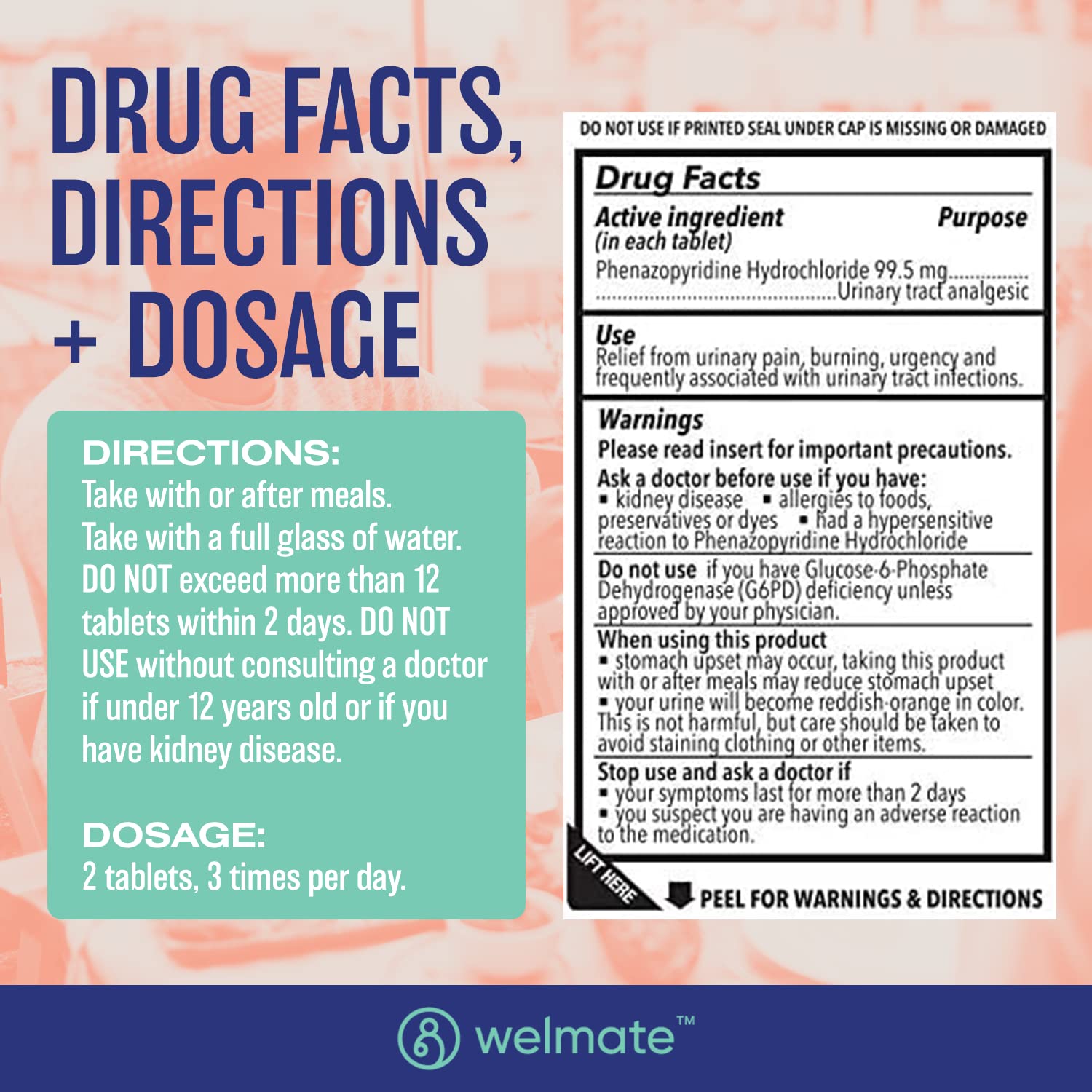 WELMATE Urinary Pain UTI Relief Maximum Strength (Phenazopyridine HCL) - Improve Urinary Tract Health & Bladder Control, Urgency, & Discomfort | Over-The-Counter Medication for Men & Women (72 Pills) WELMATE Au supplements