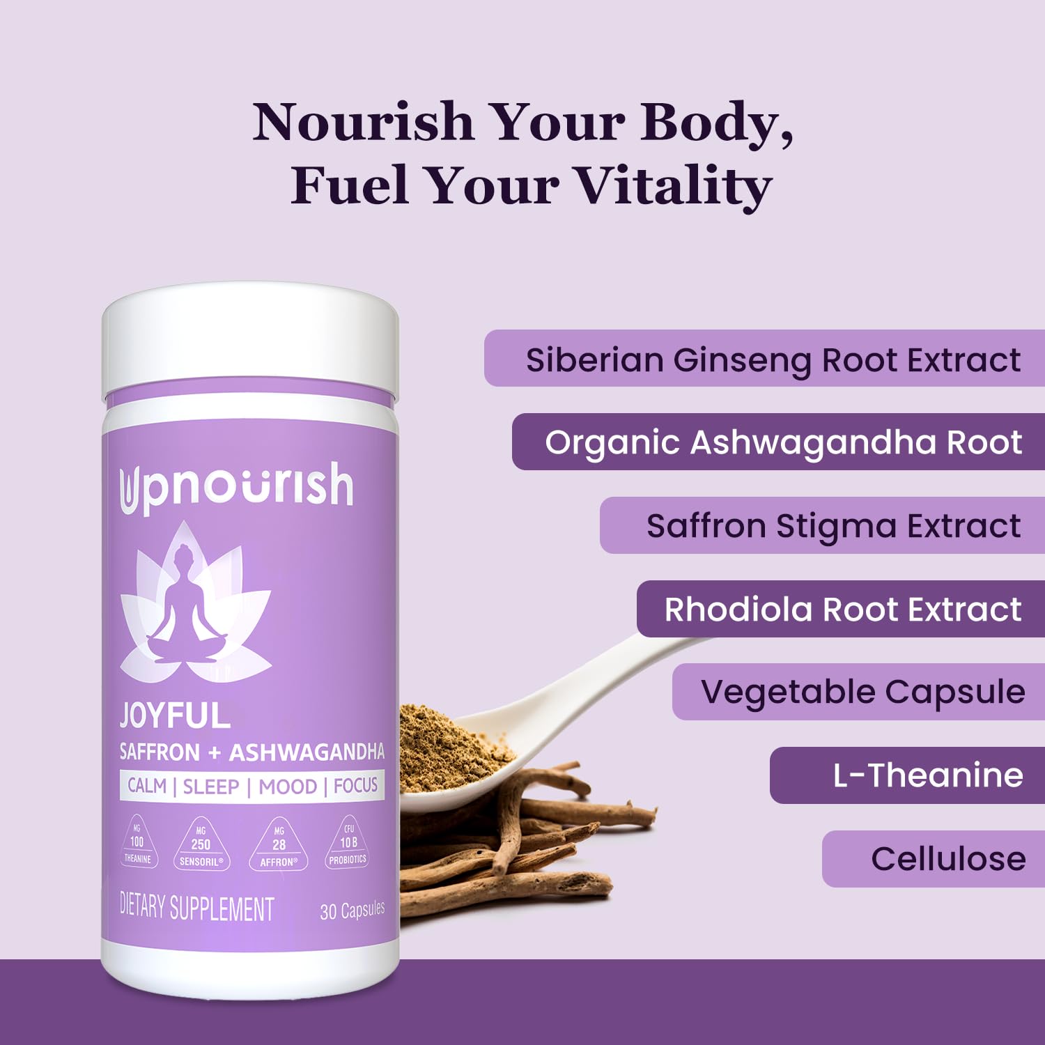 UpNourish Organic Ashwagandha Saffron Supplements with Probiotics - Stress Relief, Mood Enhancer, Calm Happy Pills Support Fatigue Focus Clarity with L-Theanine, Rhodiola, 30 Vegan Capsules UpNourish Au supplements