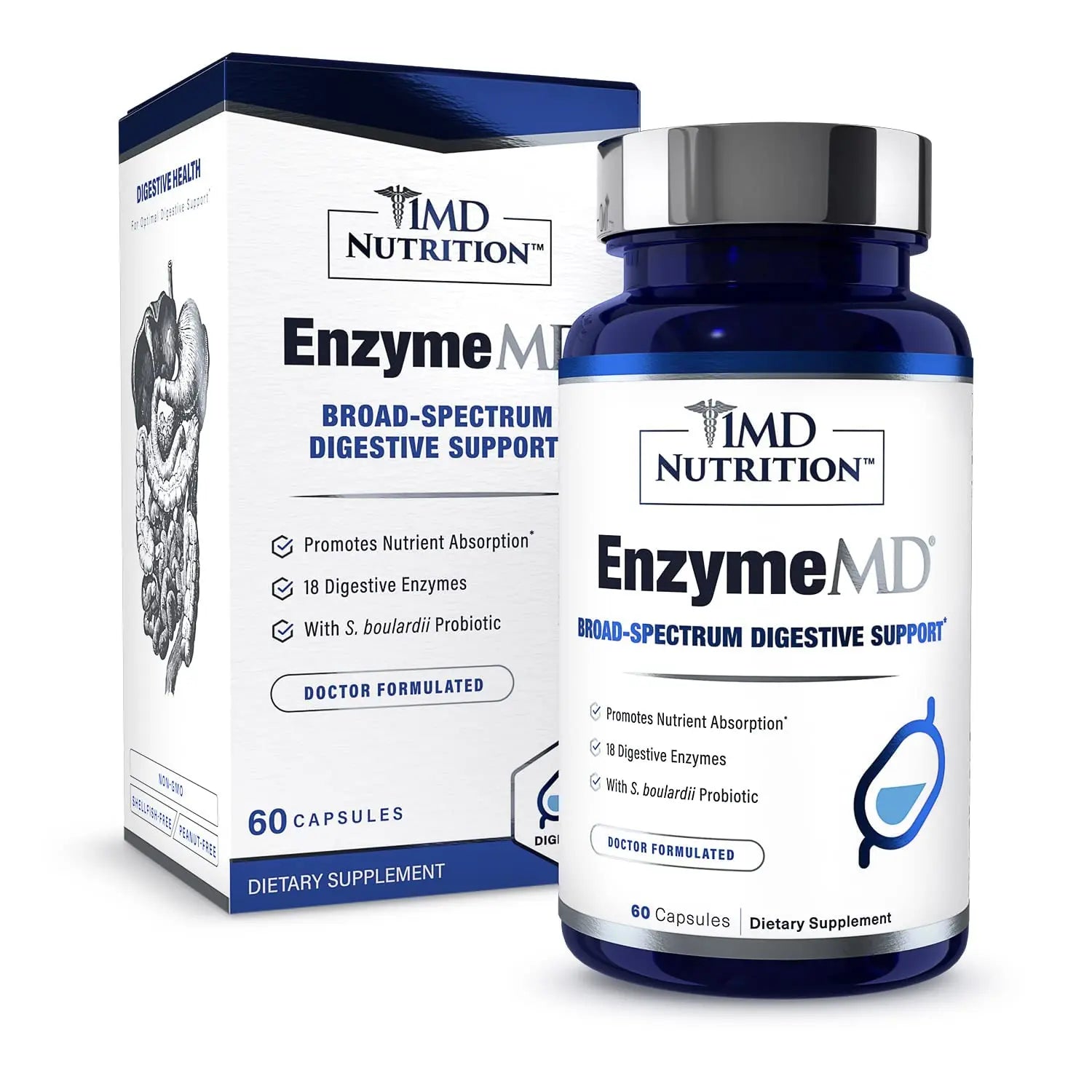 1MD Nutrition EnzymeMD - Digestive Enzymes Supplement - Doctor Formulated | 18 Plant-Based Enzymes - Gas & Bloating Support | 60 Capsules 1MD Nutrition Au supplements