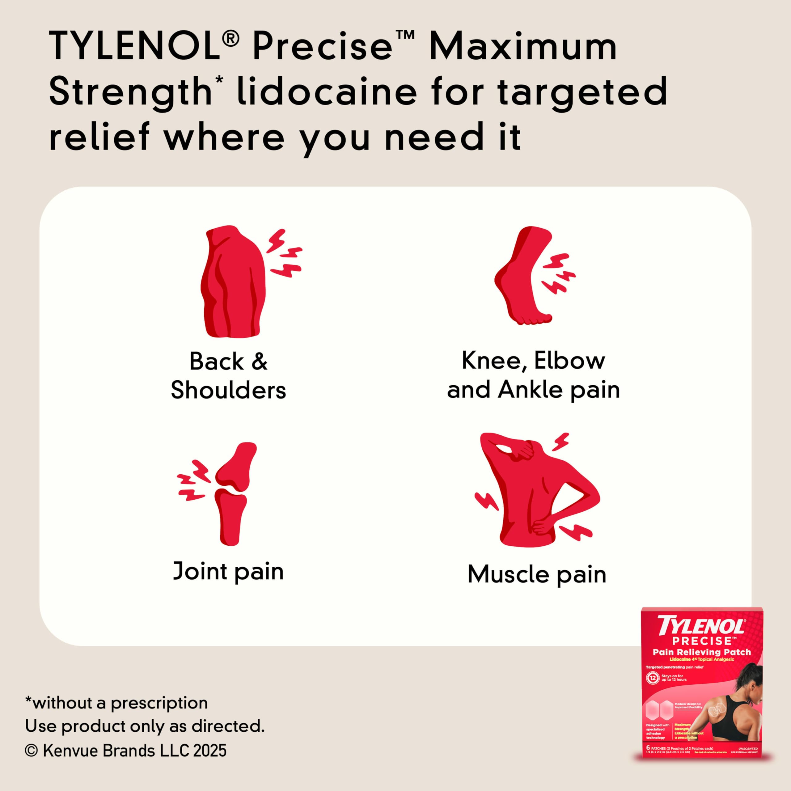 Tylenol Precise Pain Relieving Patches, Topical Analgesic Patches + Maximum OTC Strength Lidocaine Penetrates, Targeted Relief Ideal for Shoulder, Back & Knee Pain, Unscented, 3 x 2 ct Tylenol Au supplements