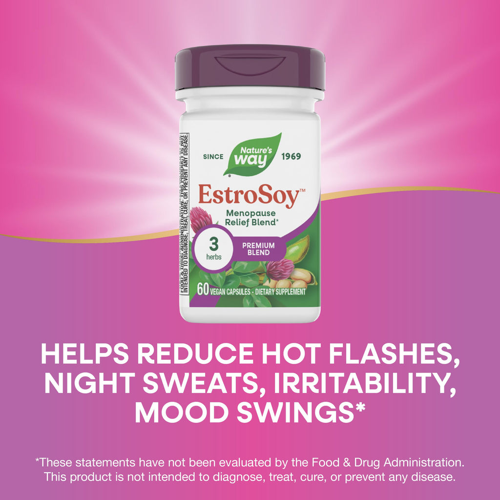 Nature's Way EstroSoy, Menopause Relief Blend*, Helps Relieve Menopausal Symptoms*, Black Cohosh, Fermented Soy Extracts, Red Clover, 60 Vegan Capsules (Packaging May Vary) Nature's Way Au supplements