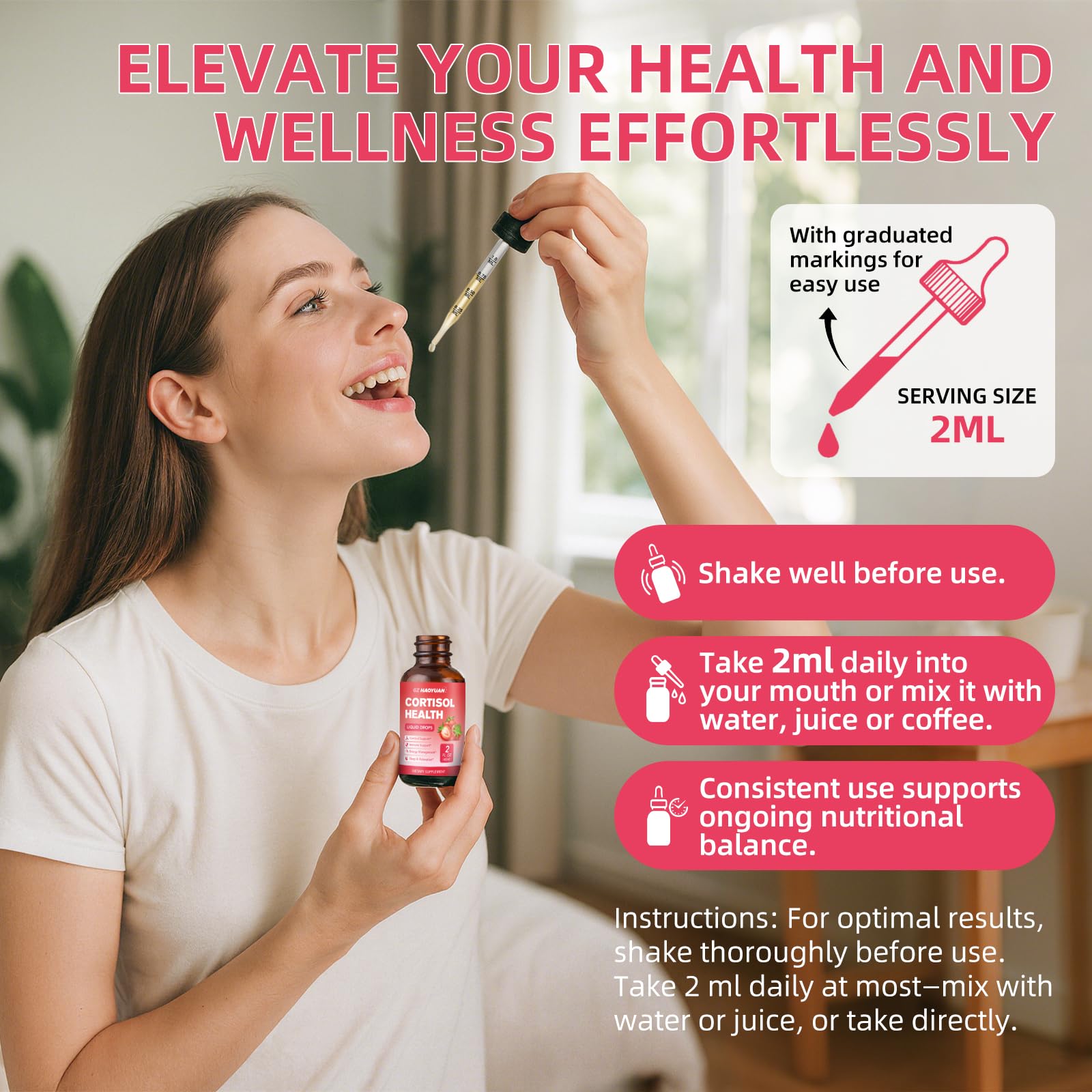 GZ HAOYUAN Cortisol Supplement Liquid Drops for Women and Men with Magnesium, Ashwagandha, L-theanine, Phosphatidylserine for Lower Cortisol, Calm, Mood, Sleep Support - 2 FL.OZ, Strawberry GZ HAOYUAN Au supplements