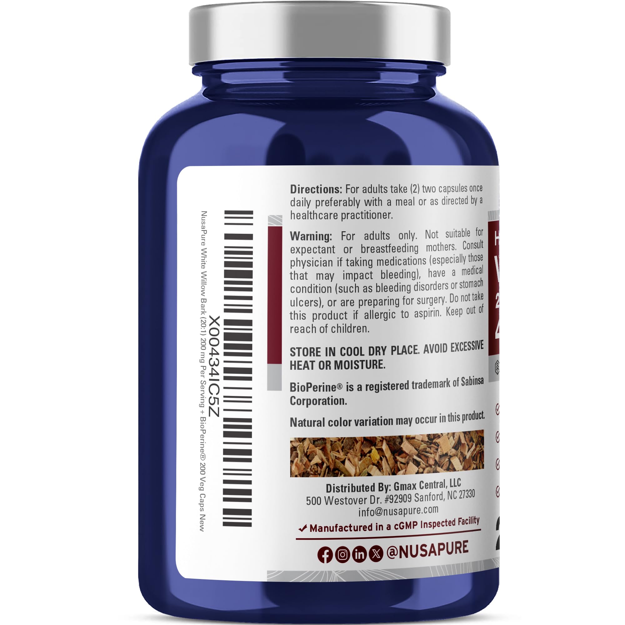 NusaPure White Willow Bark 20:1 Extract, 200 mg Equivalent to 4000mg, 200 Veggie Capsules, Max Strength, (Non-GMO, Vegan) NusaPure Au supplements