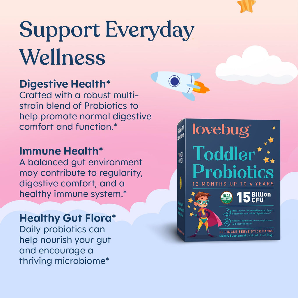 LOVEBUG Kids Probiotic Powder with Prebiotic Fiber - Toddler Immunity Support & Constipation Relief - USDA Organic Probiotics for Childrens Gut & Digestive Health