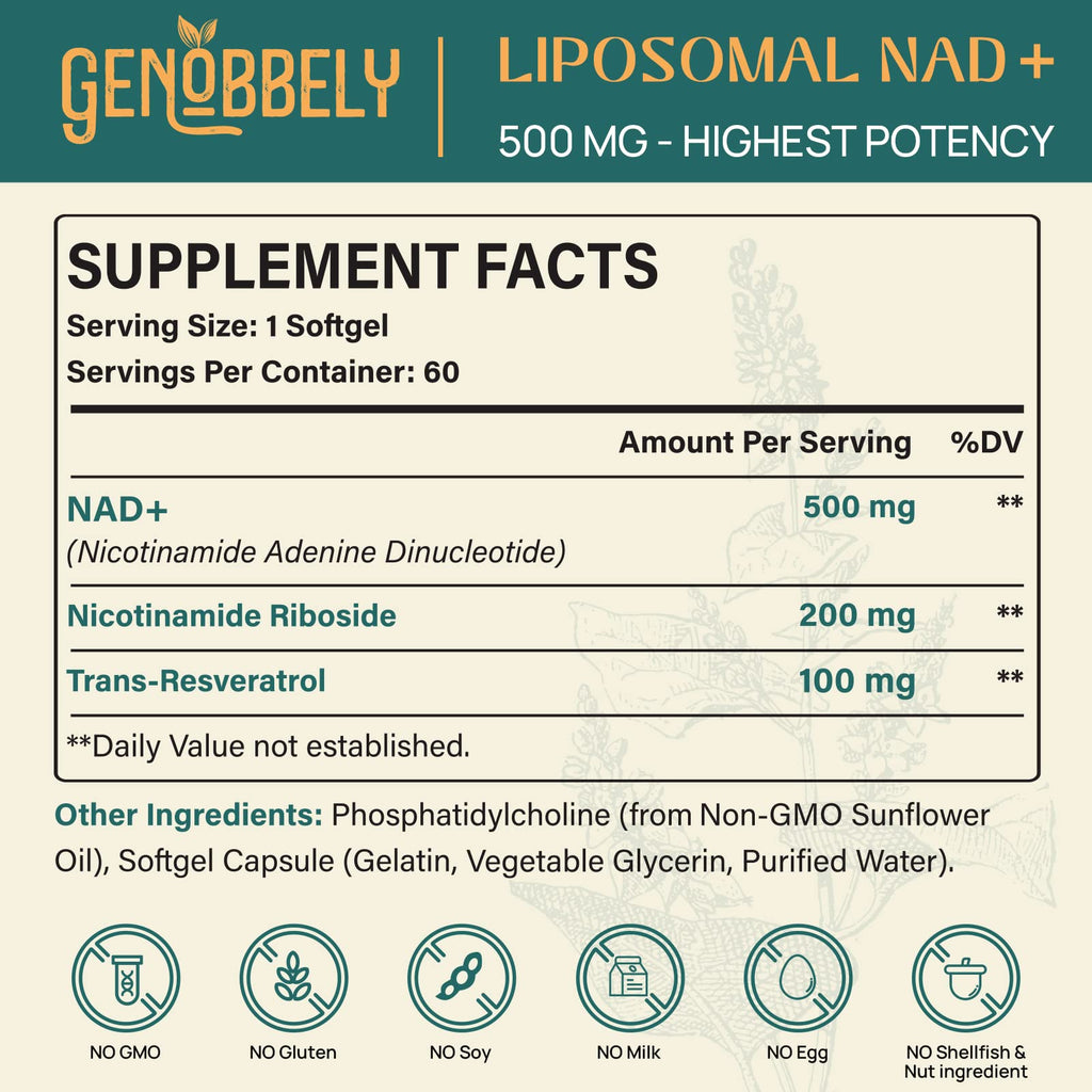 GENOBBELY 800 mg Liposomal NAD+ Supplement with Nicotinamide Riboside 200 mg, Trans-Resveratrol 100 mg - True NAD Supplement for DNA Repair, Healthy Aging, Brain Function - 60-Day Supply GENOBBELY Au supplements