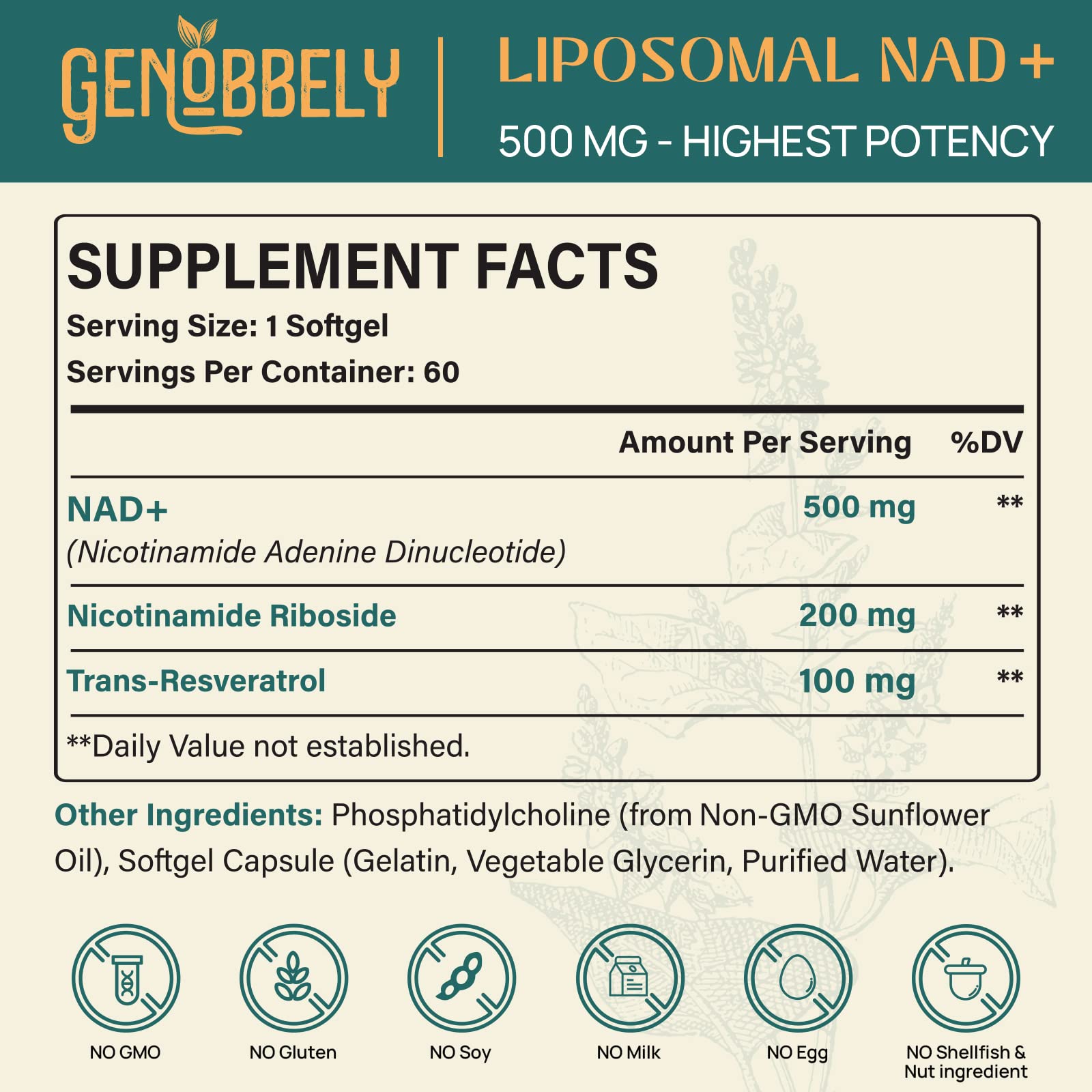 GENOBBELY 800 mg Liposomal NAD+ Supplement with Nicotinamide Riboside 200 mg, Trans-Resveratrol 100 mg - True NAD Supplement for DNA Repair, Healthy Aging, Brain Function - 60-Day Supply GENOBBELY Au supplements