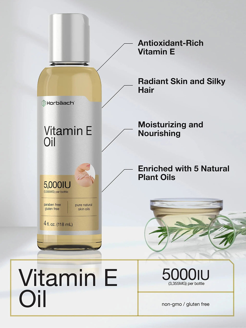 Vitamin E Oil | 5000 IU | 8 oz (2 x 4oz) Value Pack | for Skin, Hair, Face & Body | Vegetarian Horbäach Au supplements