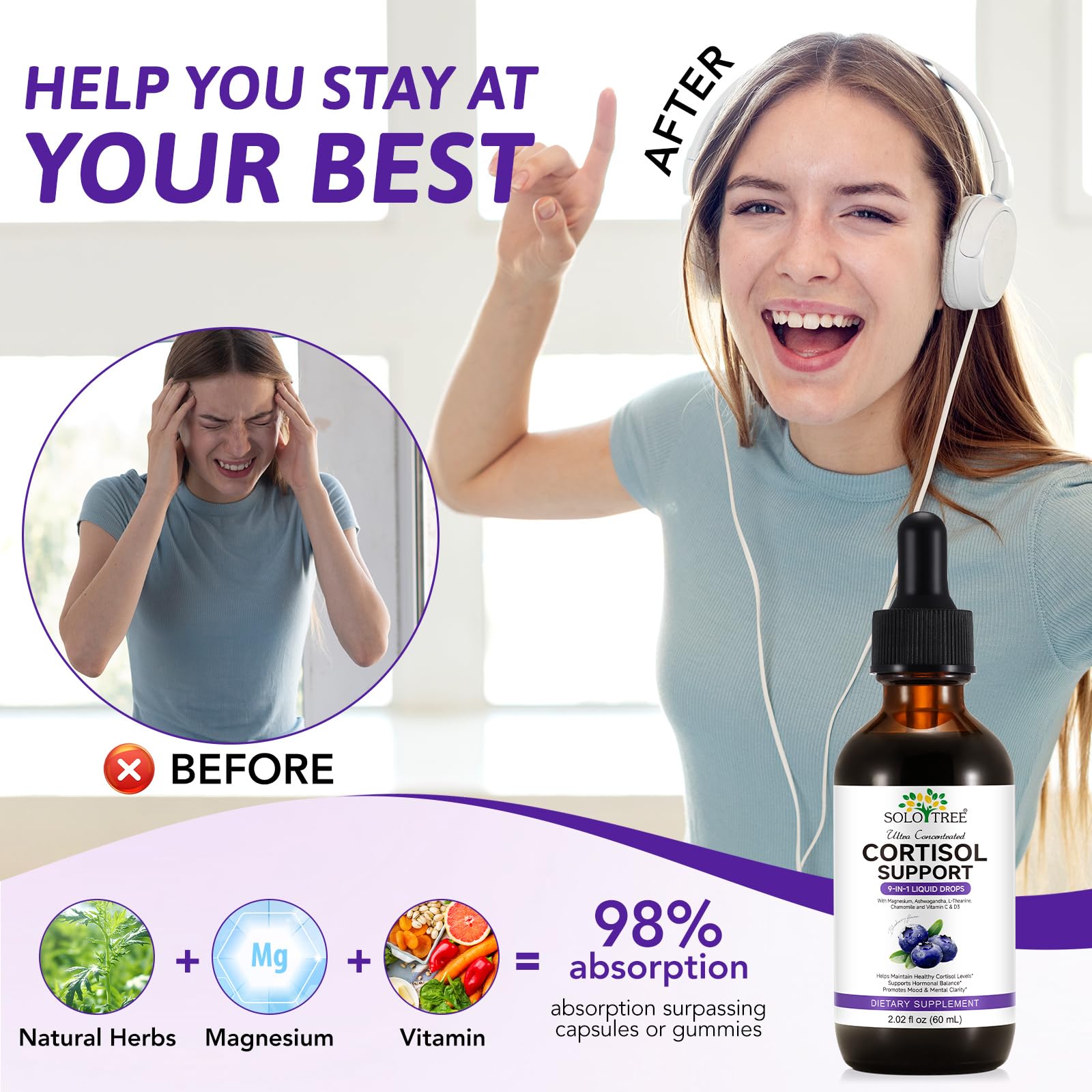 NIFEISHI Cortisol Reducer & Manager Liquid Drops for Women & Men | Cortisol Supplements with Ashwagandha & Magnesium | 9-in-1 Stress & Mood Support, Blueberry Flavor-2.02 floz NIFEISHI Au supplements