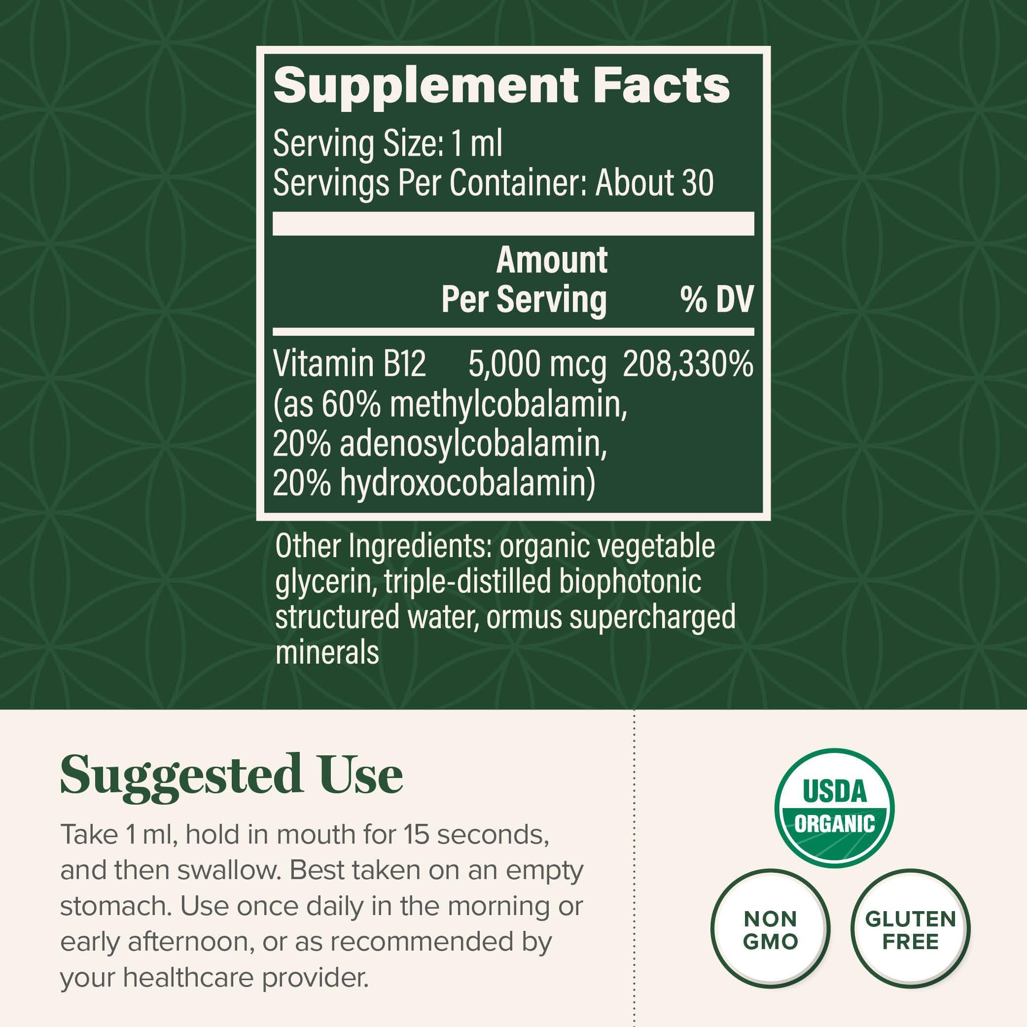 Global Healing Center - Vitamin B12 Sublingual 5000 MCG Organic Liquid Supplement, Methylcobalamin, Adenosylcobalamin, Hydroxo Long-Lasting Energy