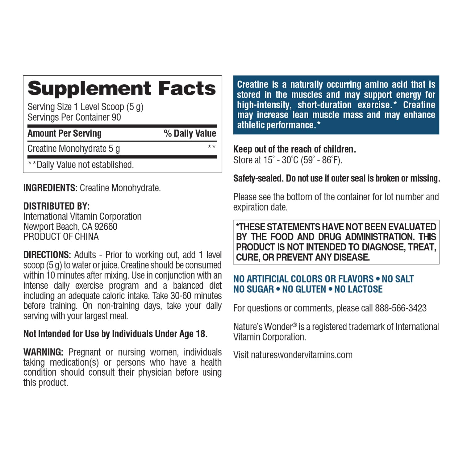 Nature's Wonder Micronized Creatine Monohydrate Powder 5g, Muscle Health, Muscle Energy Production, No Lactose, 5g of Micronized creatine Powder per Serving, 450G, 90 Servings