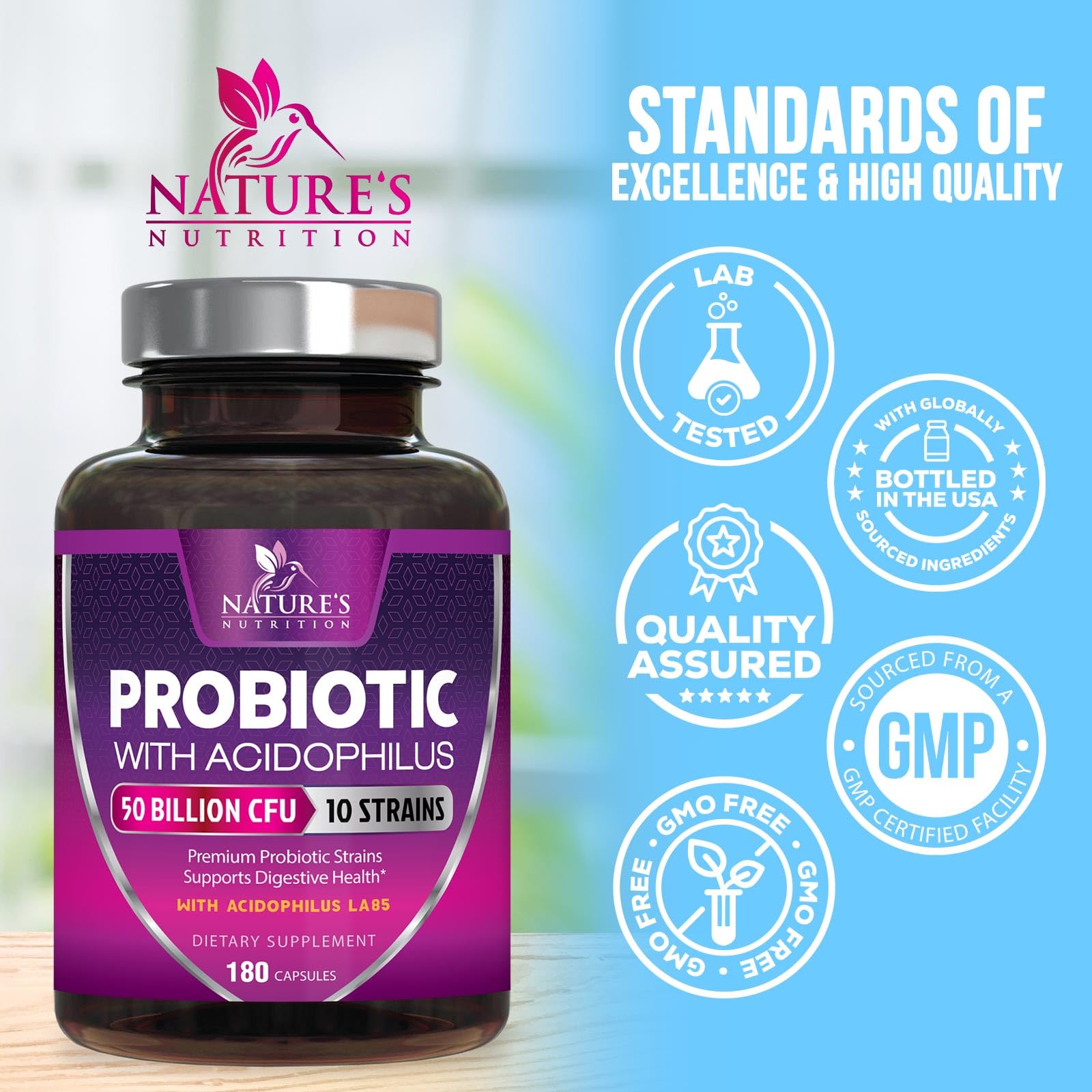 Probiotics for Digestive Gut Health - 50 Billion CFU Per Capsule, 10 Premium Strains & Prebiotics - Best Probiotics for Women & Men, Occasional Constipation, Gas, Immune Health Support - 180 Capsules