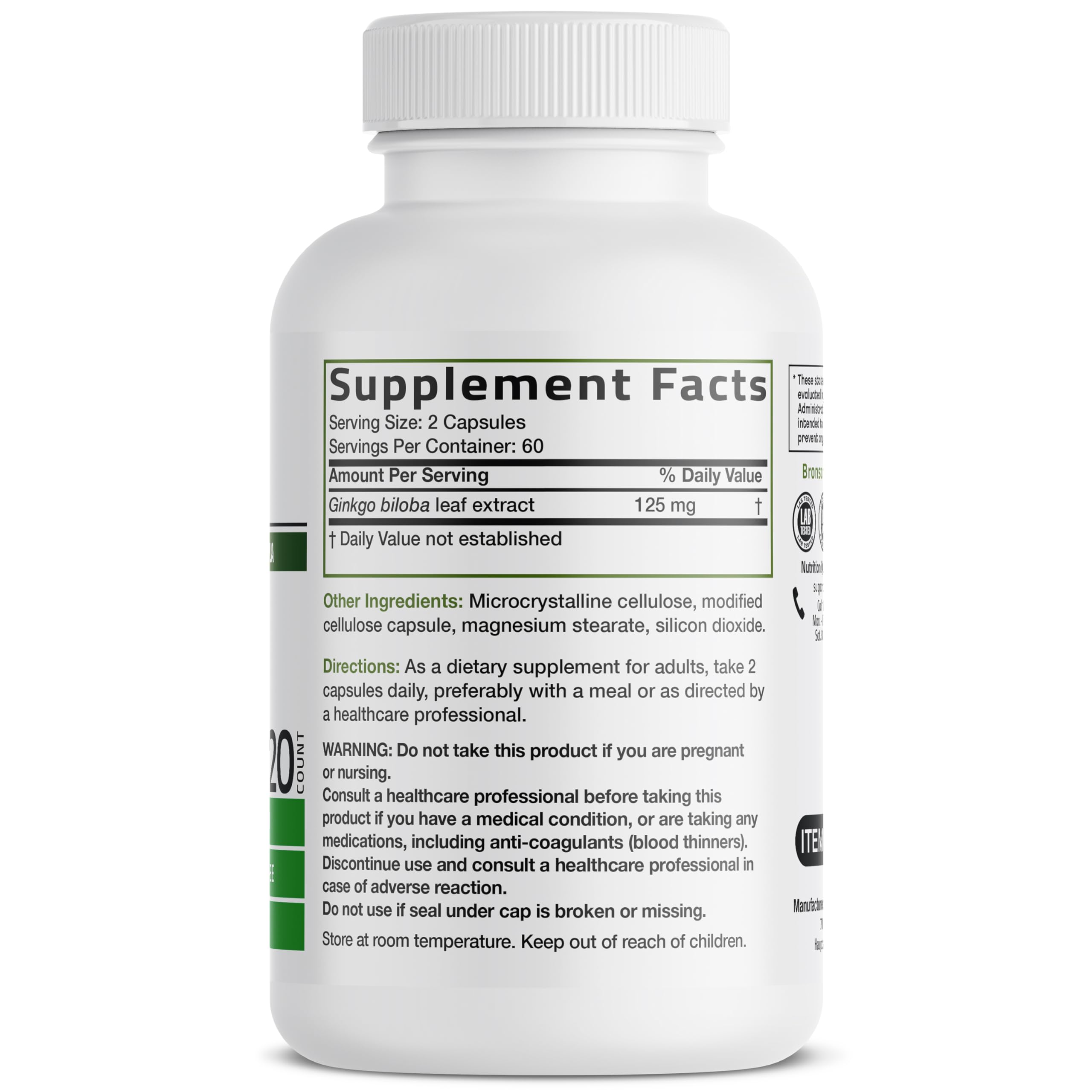 Bronson Ginkgo Biloba Extra Strength Supports Brain Function & Memory Support, 120 Vegetarian Capsules