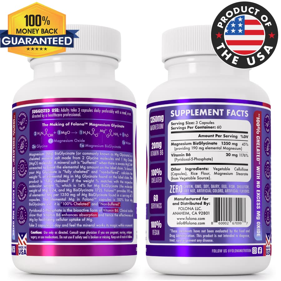 Folona Magnesium Glycinate with Vitamin B6 Research Proven to Enhance Absorption, 1350mg Fully Chelated - Supports Sleep, Stress Relief, Energy, Muscle Cramps - Gluten Free, NonGMO, 180 Vegan Capsules FOLONA Au supplements
