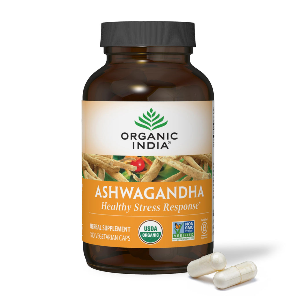 ORGANIC INDIA Ashwagandha Capsules - Organic Ashwagandha Supplement - Vegan Ashwagandha Root, Gluten-Free, Kosher, Non-GMO, Supports Stress Relief,