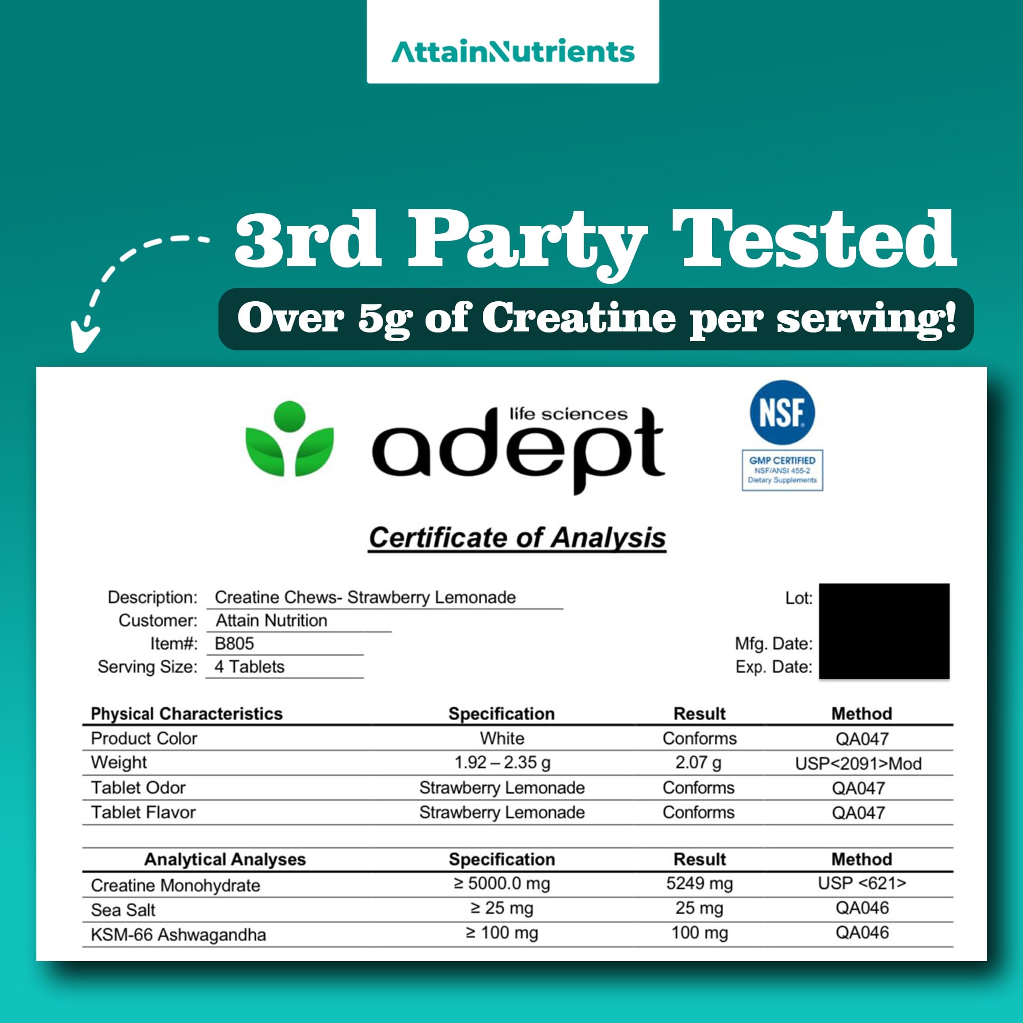 Creatine Chews - 5000mg Creatine Monohydrate Tablets for Men & Women with Ashwagandha KSM-66 - Low Sugar Muscle Support & Cognitive Boost - Gummy Alternative - 120 Count (Strawberry Lemonade) Attain Nutrients Au supplements