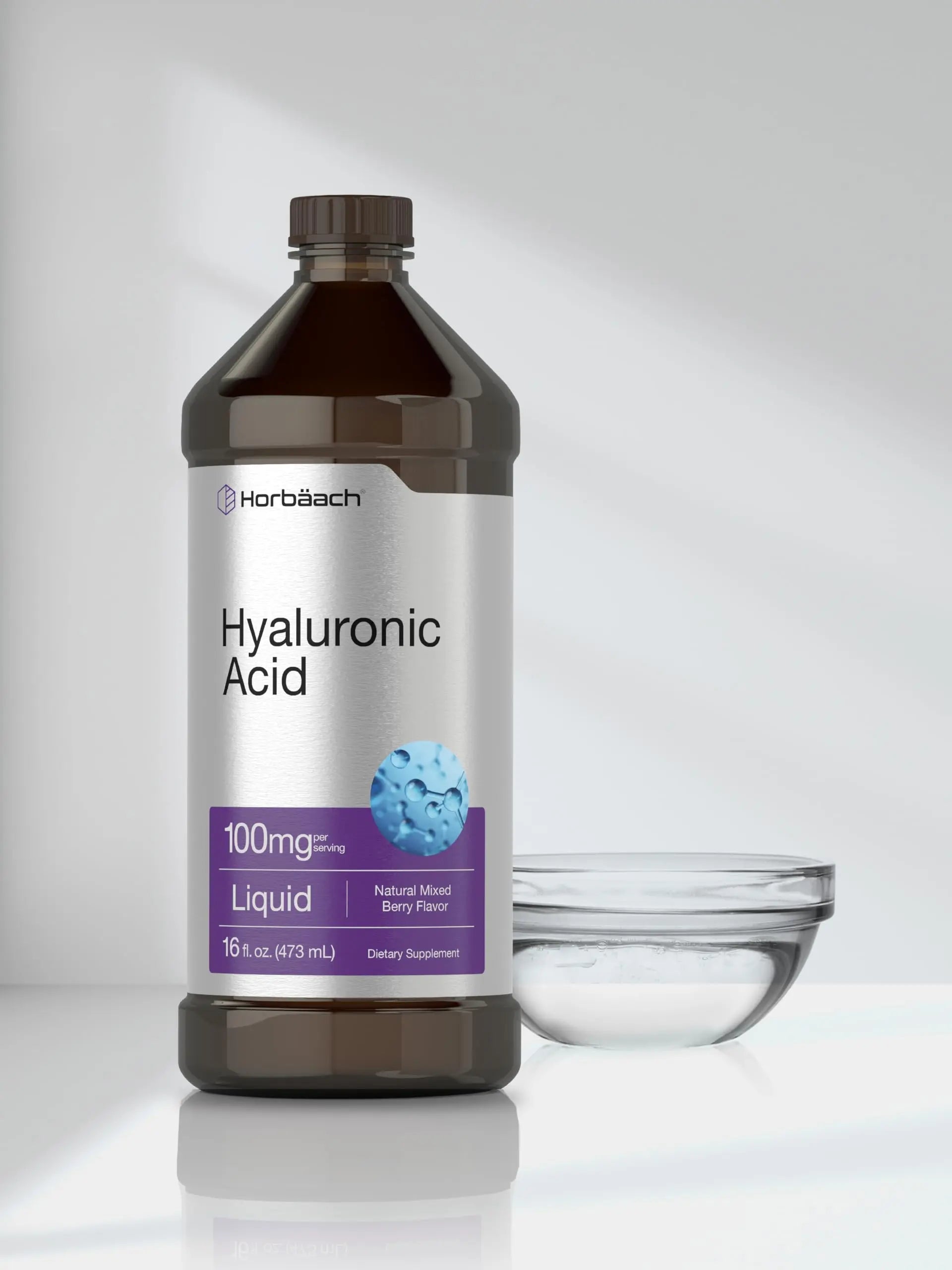 Liquid Hyaluronic Acid Supplement | 100 mg | 16 oz | Mixed Berry Flavor | Non-GMO Horbäach Au supplements
