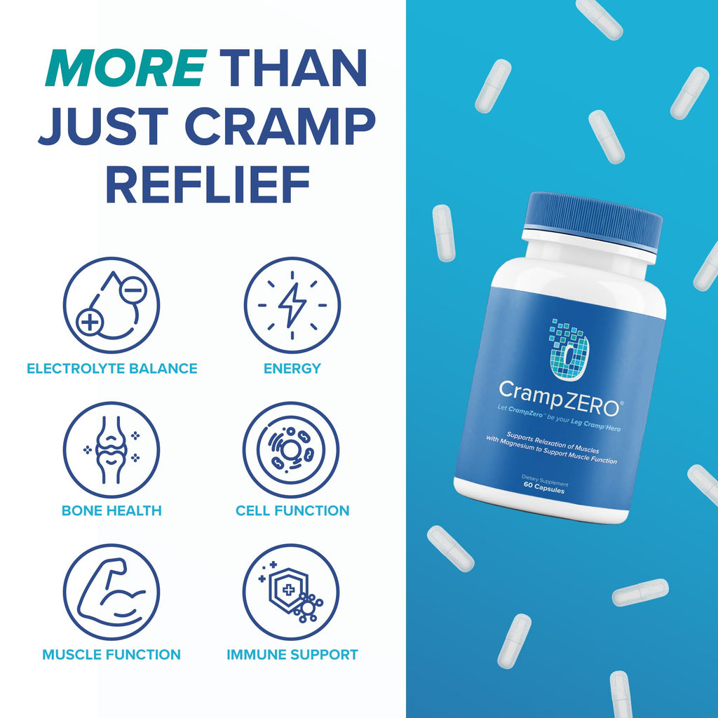CrampZero Magnesium for Leg Cramps at Night – Potassium Magnesium Supplement with Calcium and Vitamin D3, Supports Muscle Relaxation and Function, Night Leg Cramps Relief, 60 Capsules CrampZero Au supplements