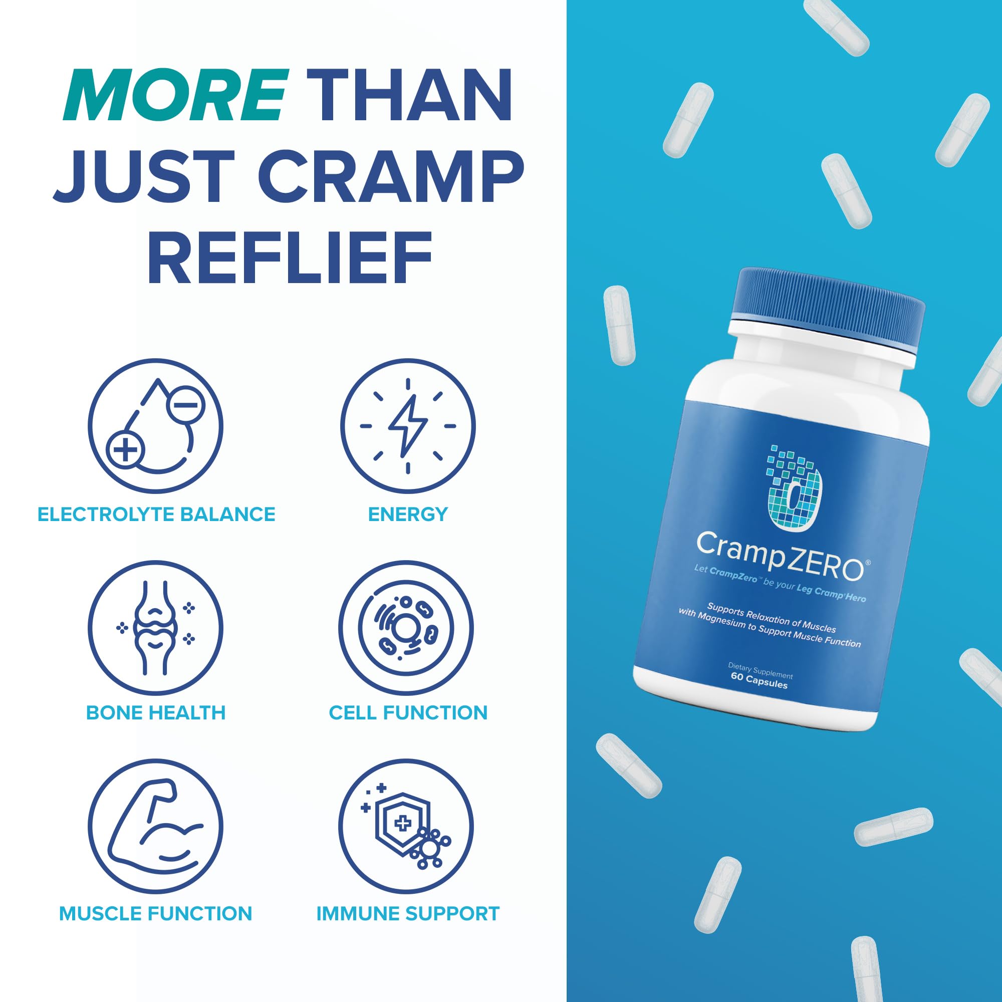 CrampZero Magnesium for Leg Cramps at Night – Potassium Magnesium Supplement with Calcium and Vitamin D3, Supports Muscle Relaxation and Function, Night Leg Cramps Relief, 60 Capsules CrampZero Au supplements