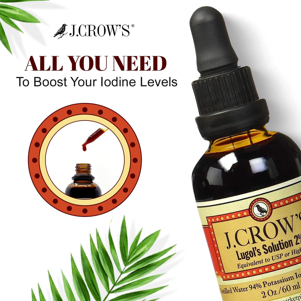 J.CROW'S® Lugol's Solution of Iodine 2% 2 oz (1 Bottle) – Premium Iodine & Potassium Iodide Liquid, Gluten