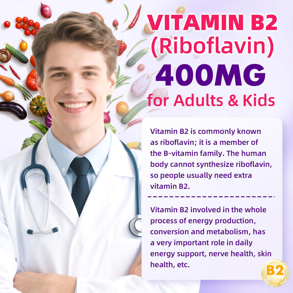 VCCHUYH Vitamin B2 Gummies for Kids & Adults, VIT B2 Riboflavin 400mg Supplement with Magnesium for Migraine Relief & Nervous System Support, Non-GMO