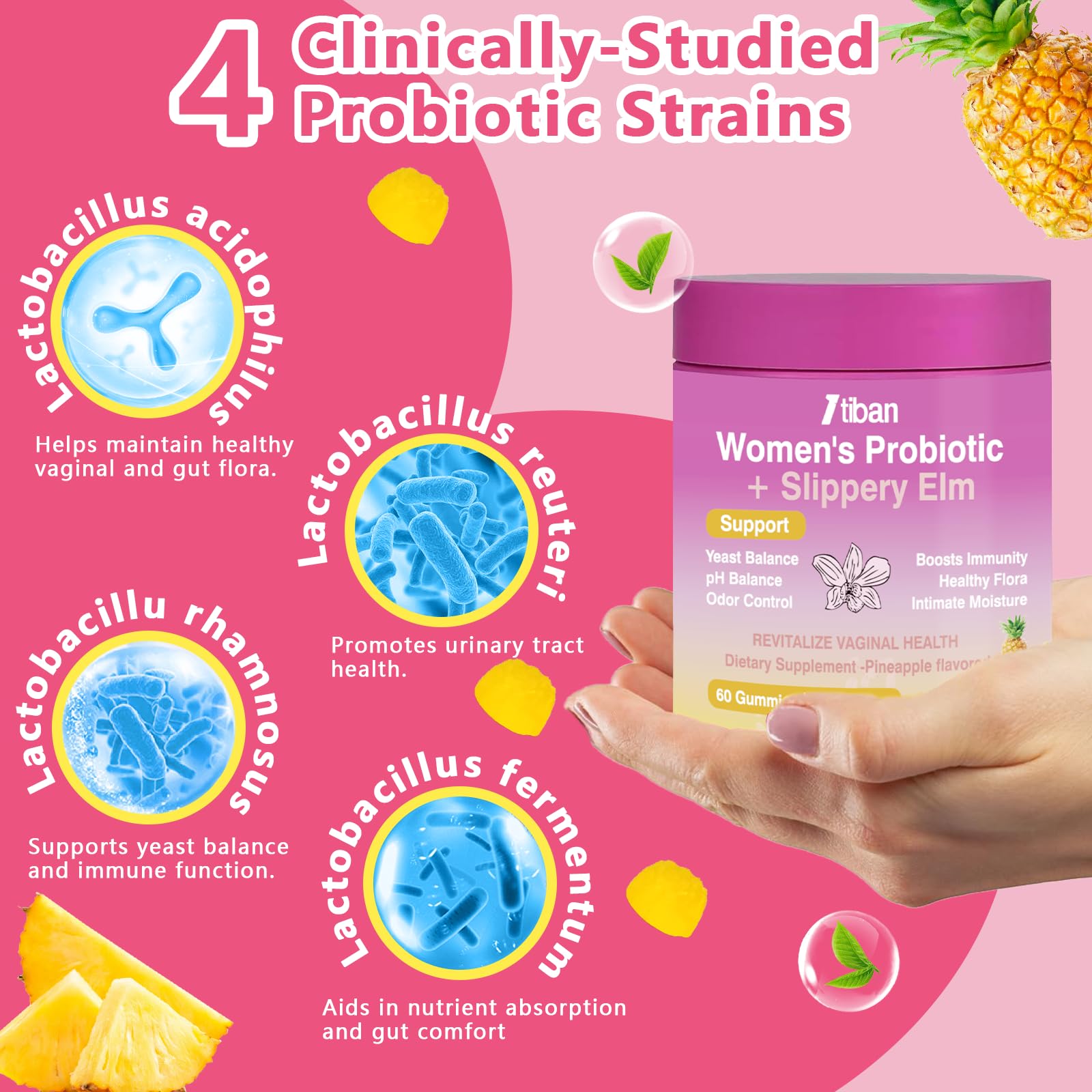 Itiban Feminine Vaginal Probiotics Gummies, Supports pH Balance & Digestive Health, Slippery Elm for Women, Suagr-Free