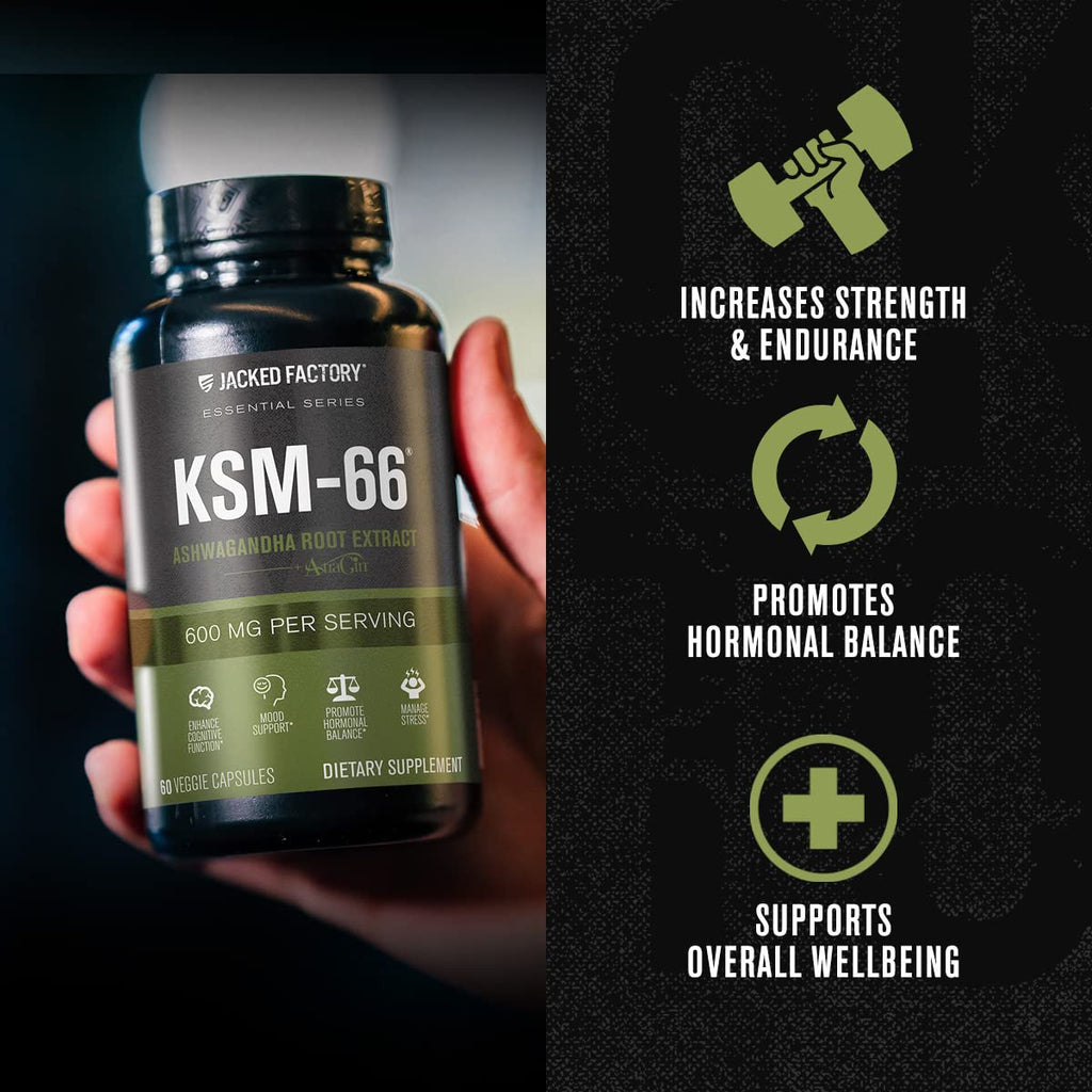Jacked Factory Ashwagandha Root Extract (KSM-66 Ashwagandha) w/ 5% Withanolides - Supplement for Natural Stress Relief, Cognitive Function, Vitality, and Mood Support - 60 Veggie Capsules Jacked Factory Au supplements