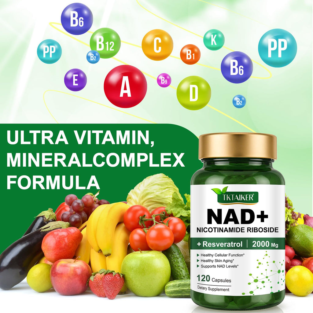 TKTALKER NAD Supplement 2000 Mg - 120 Capsules True NAD & Resveratrol, NMN Alternative Liposomal NAD+ for Women & Men, Support Cellular Health