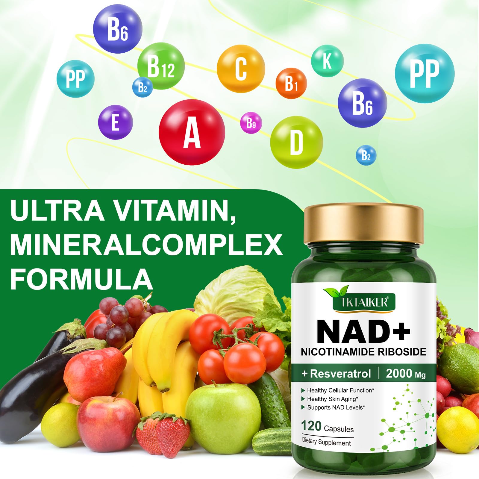 TKTALKER NAD Supplement 2000 Mg - 120 Capsules True NAD & Resveratrol, NMN Alternative Liposomal NAD+ for Women & Men, Support Cellular Health