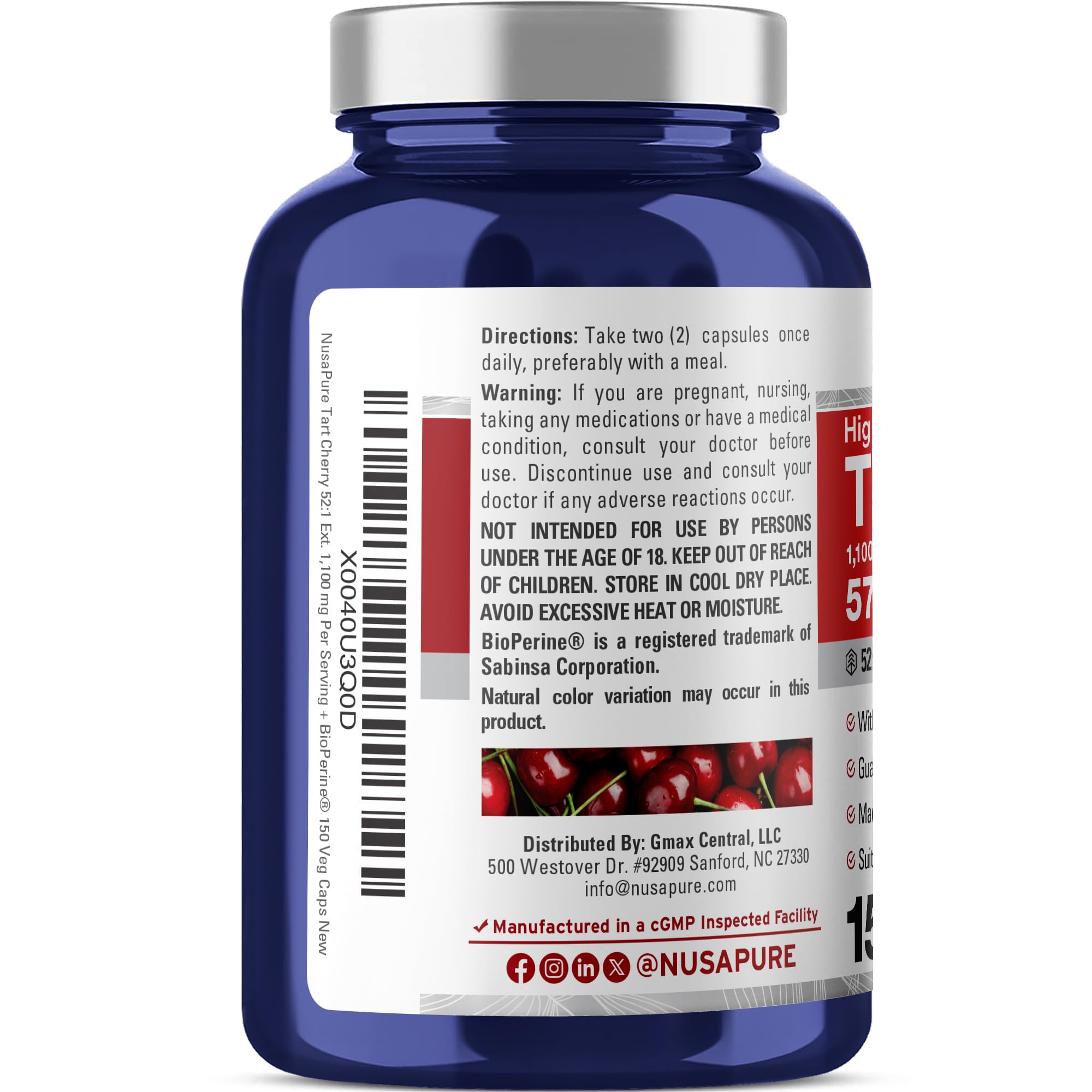 NusaPure Tart Cherry 57,200mg per Caps, 150 Count, Vegan, Non-GMO, Gluten Free NusaPure Au supplements