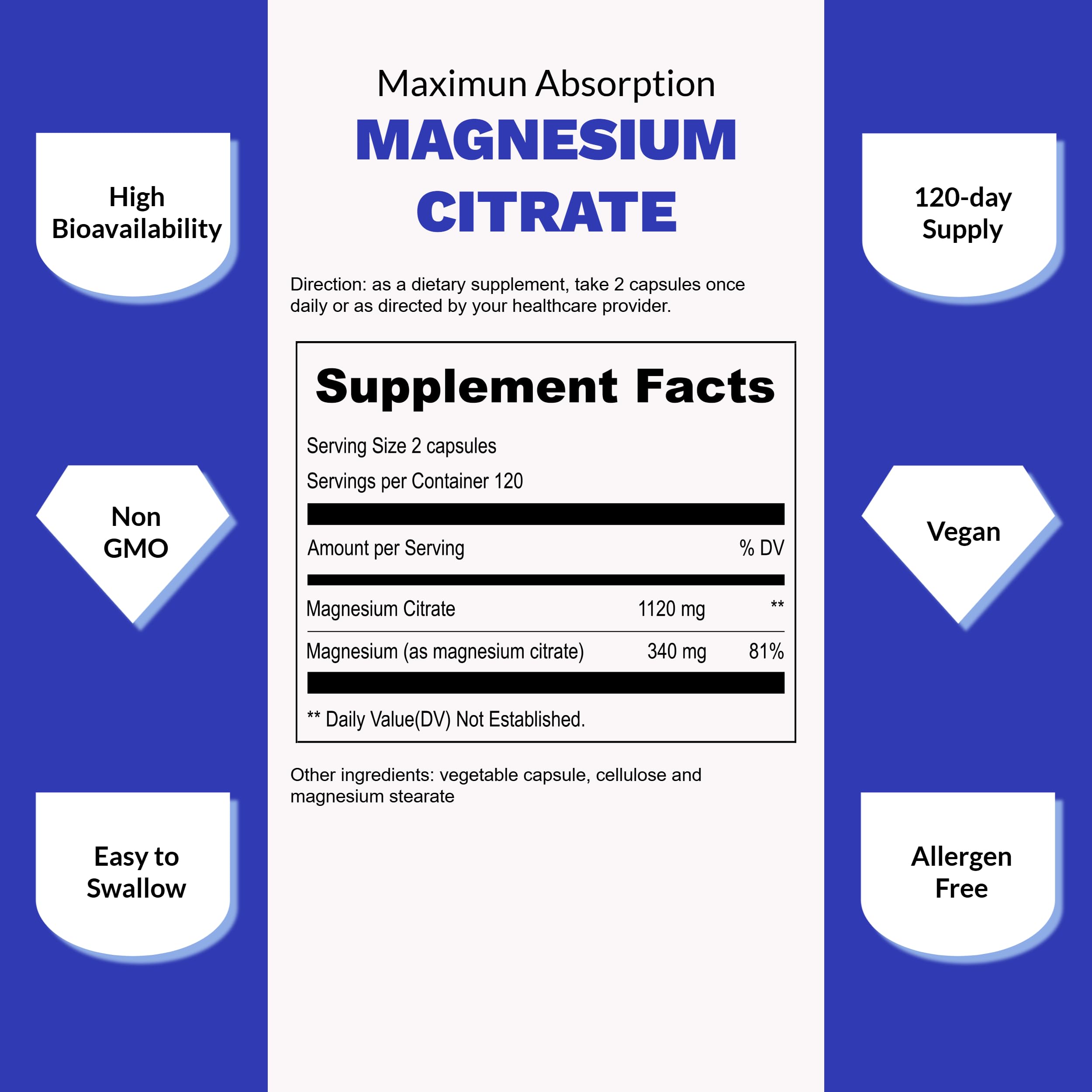 UpNourish Pure Magnesium Citrate (Citrato de Magnesio) 1120mg, 240 Capsules - High Absorption Magnesium Supplement for Women & Men - Natural Calm Magnesium for Constipation, Relax, Cramp Defense UpNourish Au supplements