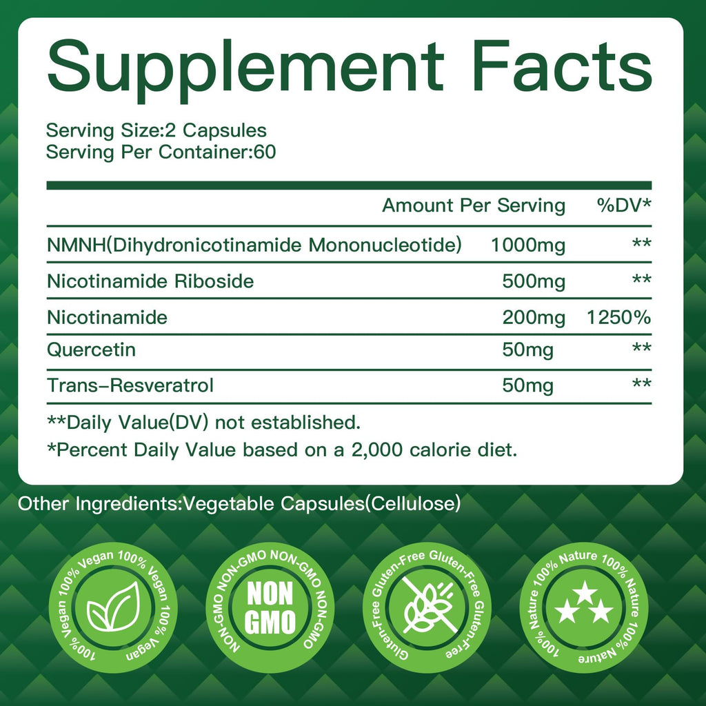 NMNH(Dihydronicotinamide Mononucleotide),NMNH Supplement 1000mg Pure Nicotinamide Mononucleotide,NAD High Purity Supplement Alternative,for Energy,Focus,Non-GMO, Gluten Free,120 Capsules VPKIN Au supplements