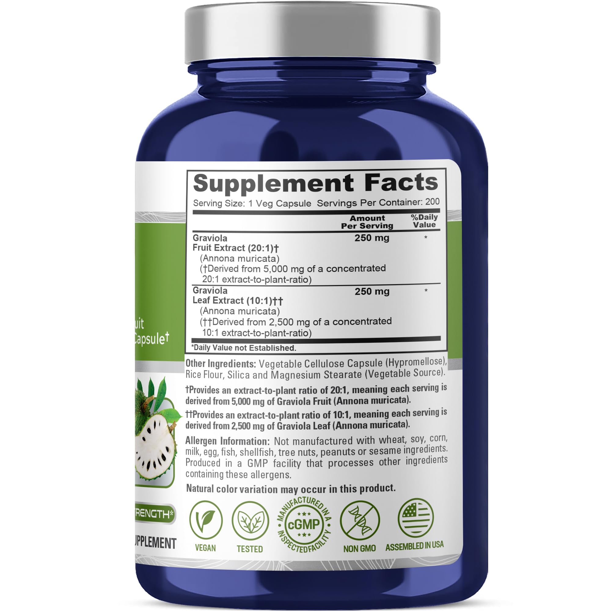 NusaPure Graviola 20:1 & 10:1 Extract - Suitable for Vegetarian/Vegan, Non- GMO - 7500 mg - 200 Capsules NusaPure Au supplements