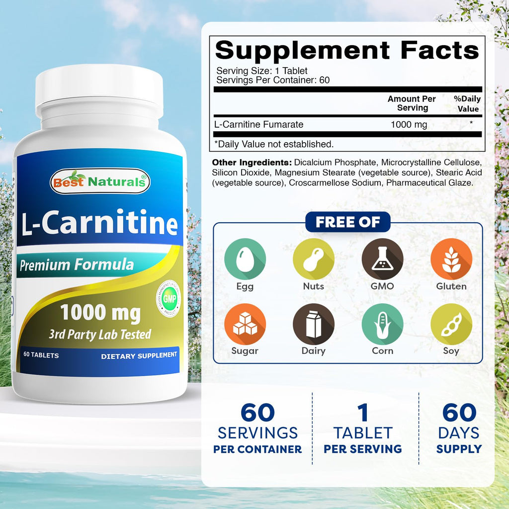 Best Naturals L-Carnitine 1000mg 60 Tablets (60 Count (Pack of 1))