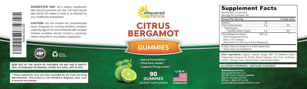aSquared Nutrition Citrus Bergamot Gummies - Citrus Bergamot Extract Supplement 500mg Per Serving - Pure Gummy Alternative to Capsules & Pills