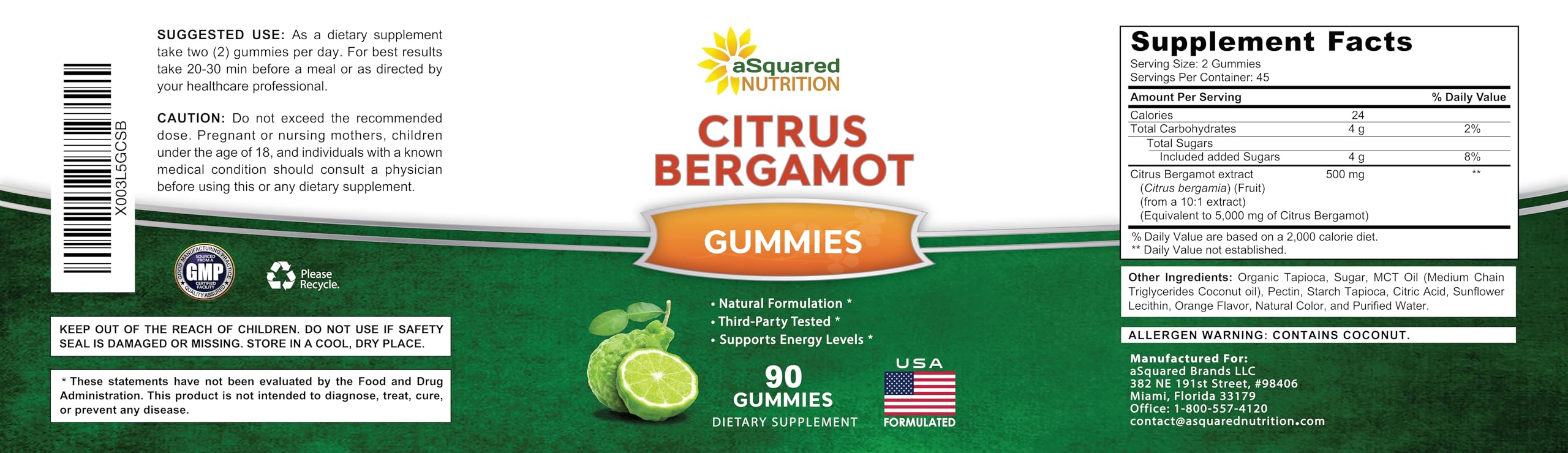 aSquared Nutrition Citrus Bergamot Gummies - Citrus Bergamot Extract Supplement 500mg Per Serving - Pure Gummy Alternative to Capsules & Pills