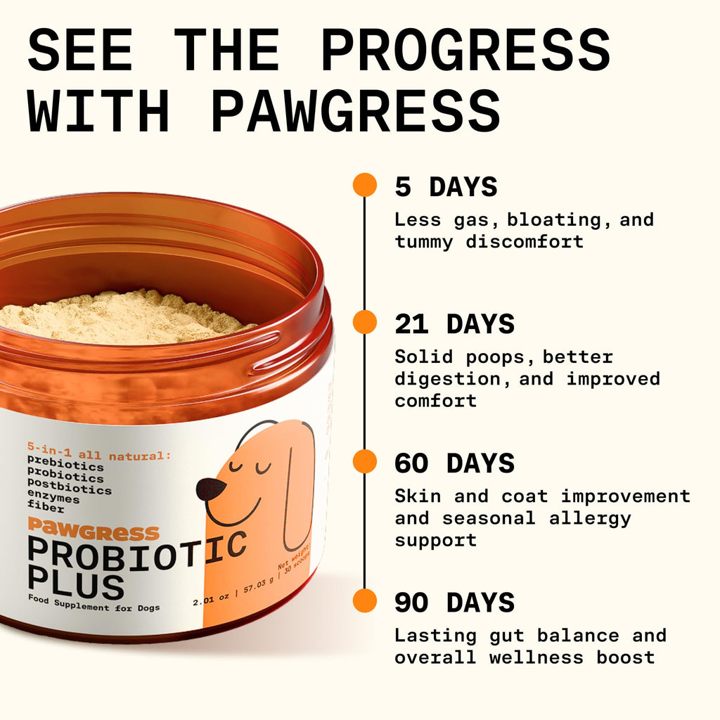 Pawgress 5-in-1 Dog Probiotic Powder – 100% Natural Gut Health Support with Prebiotics, Postbiotics & Enzymes - Made in USA – 30 Scoops PAWGRESS Au supplements