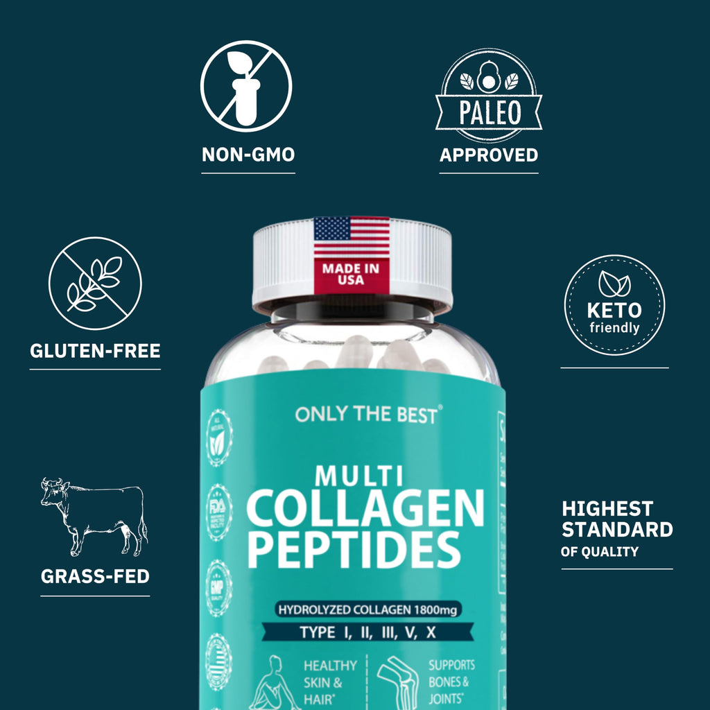 Premium Multi Collagen Peptides Capsules 1800mg - Types I, II, III, V, X To Support Skin, Hair, Nails - Helps Bones, Joints, Muscles, & Digestive Health
