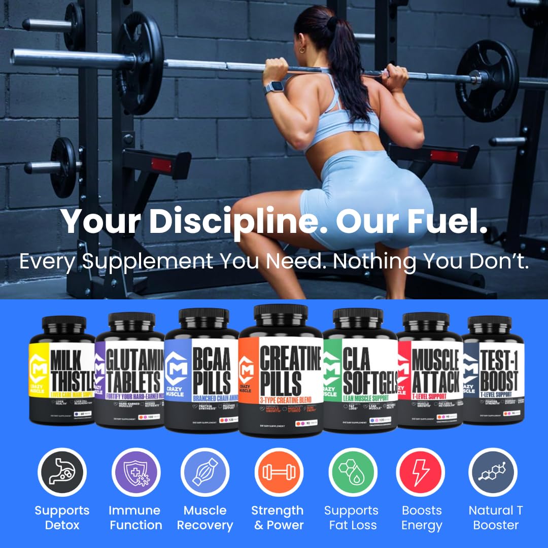 Creatine Capsules, 5g Premium 3X ThreeAtine Pre Workout Bulk Muscle Mass Gainer, High Absorption Easy to Take Creatine Monohydrate Pills Alternative Optimum Performance for Men Women, 180 Capsules Crazy Muscle Au supplements