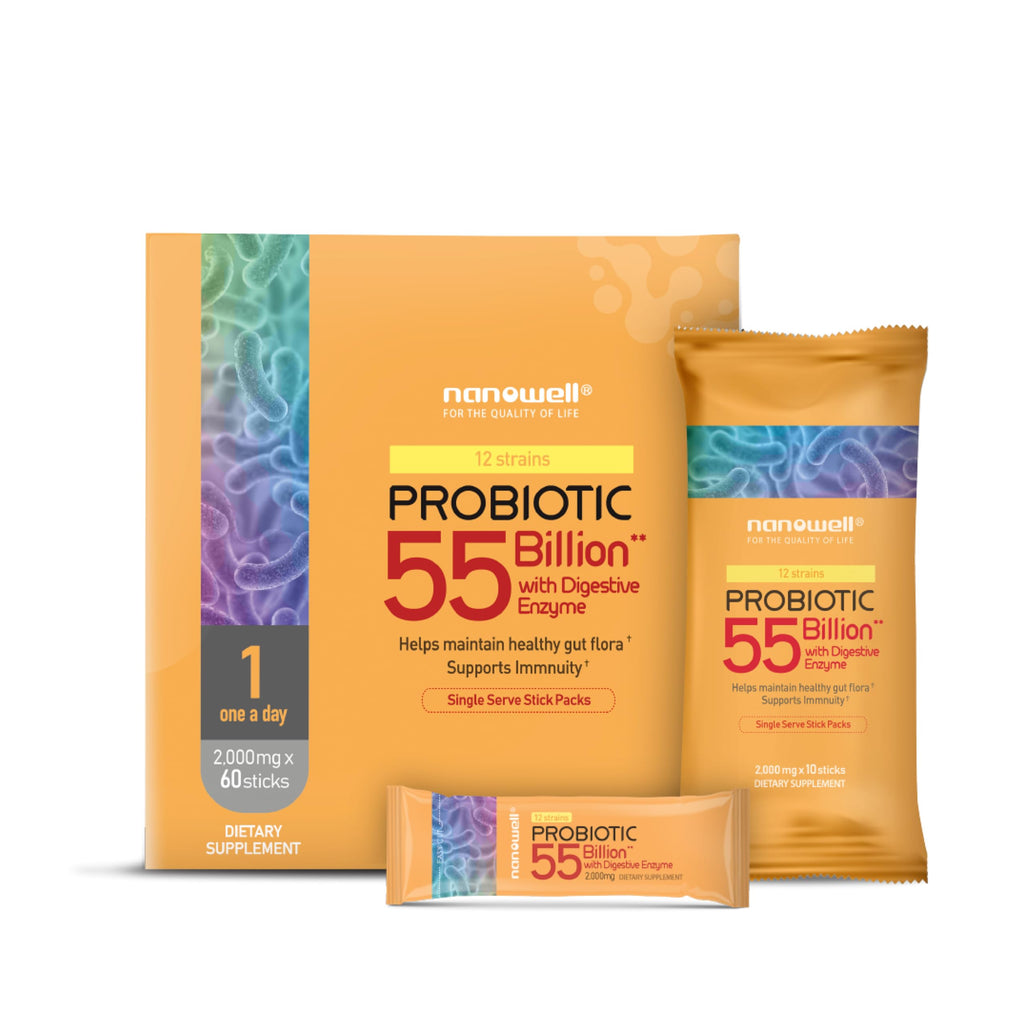 NANOWELL 12 Strains Probiotic 55 Billion CFU with Digestive Enzymes Powder - Immune Support, Gut Health, Probiotics, Prebiotics & Postbiotics - 60 Sticks, 60 Day Supply NANOWELL Au supplements