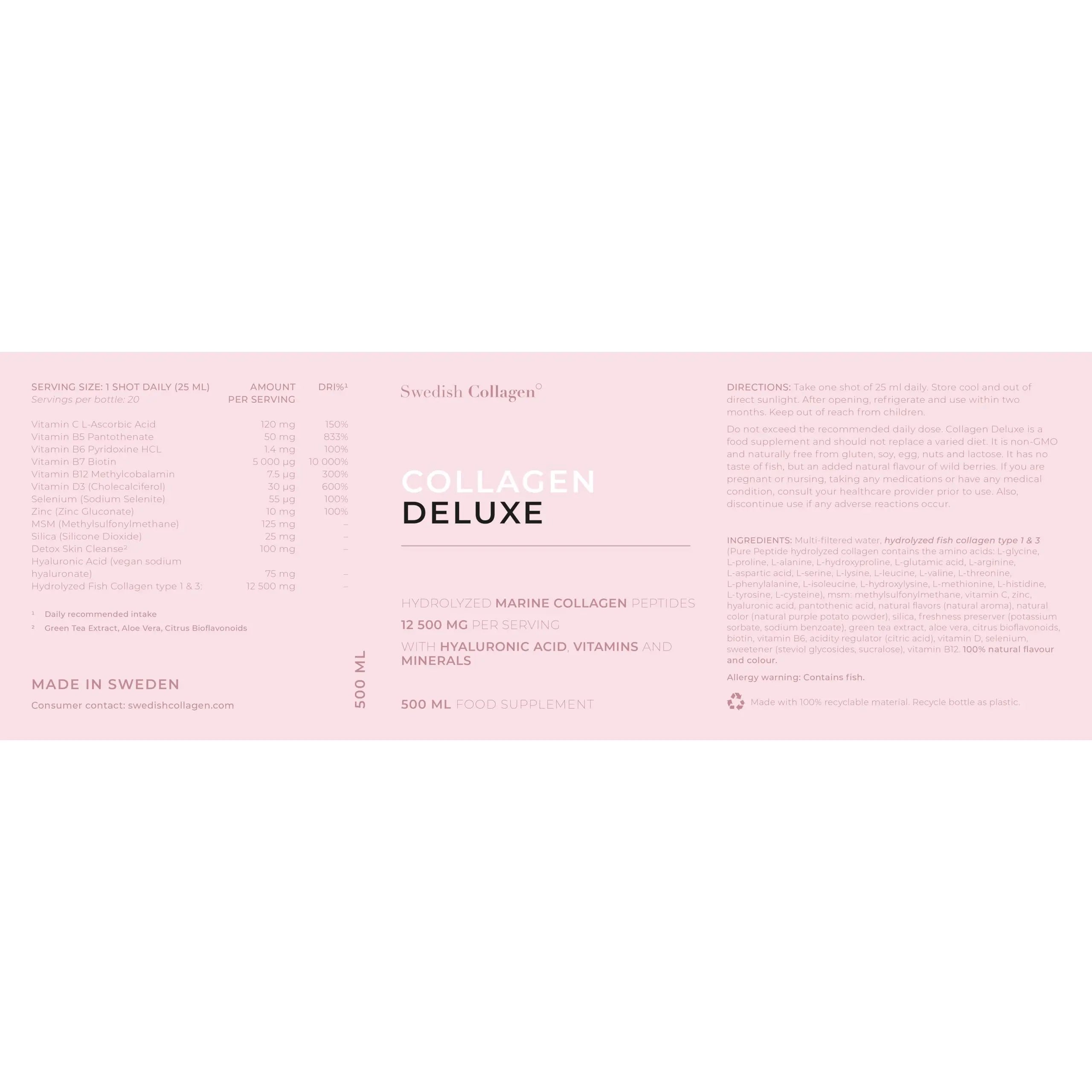 Swedish Collagen - 12500mg Collagen Deluxe 500ml I Hydrolyzed Marine Collagen Peptides (Type I & III) Swedish Collagen Au supplements