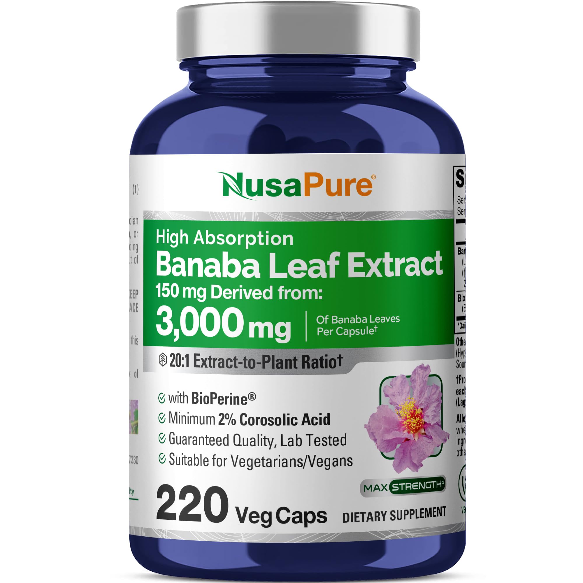 NusaPure Banaba Leaf 20:1 Extract, 150 mg Equivalent to 3,000mg Veg Caps, 220 Days Supply (Non-GMO & Vegan) 2% Corosolic Acid NusaPure Au supplements