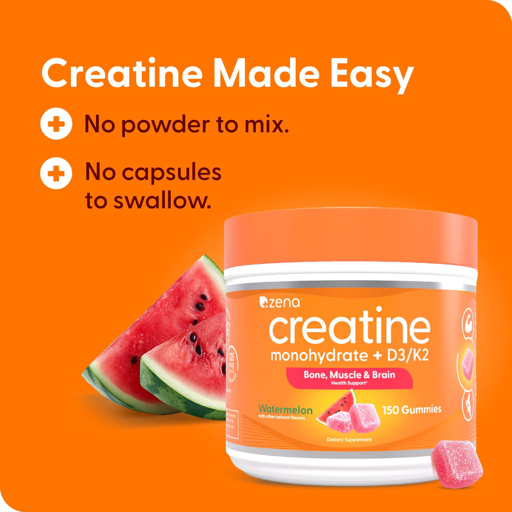Zena Nutrition Creatine Gummies with D3 & K2, Creatine Monohydrate for Men and Women, Supports Bone, Muscle, & Cognitive Health, Gummy Workout Supplement, Watermelon Flavor, 150ct, 30 Daily Servings Zena Nutrition Au supplements