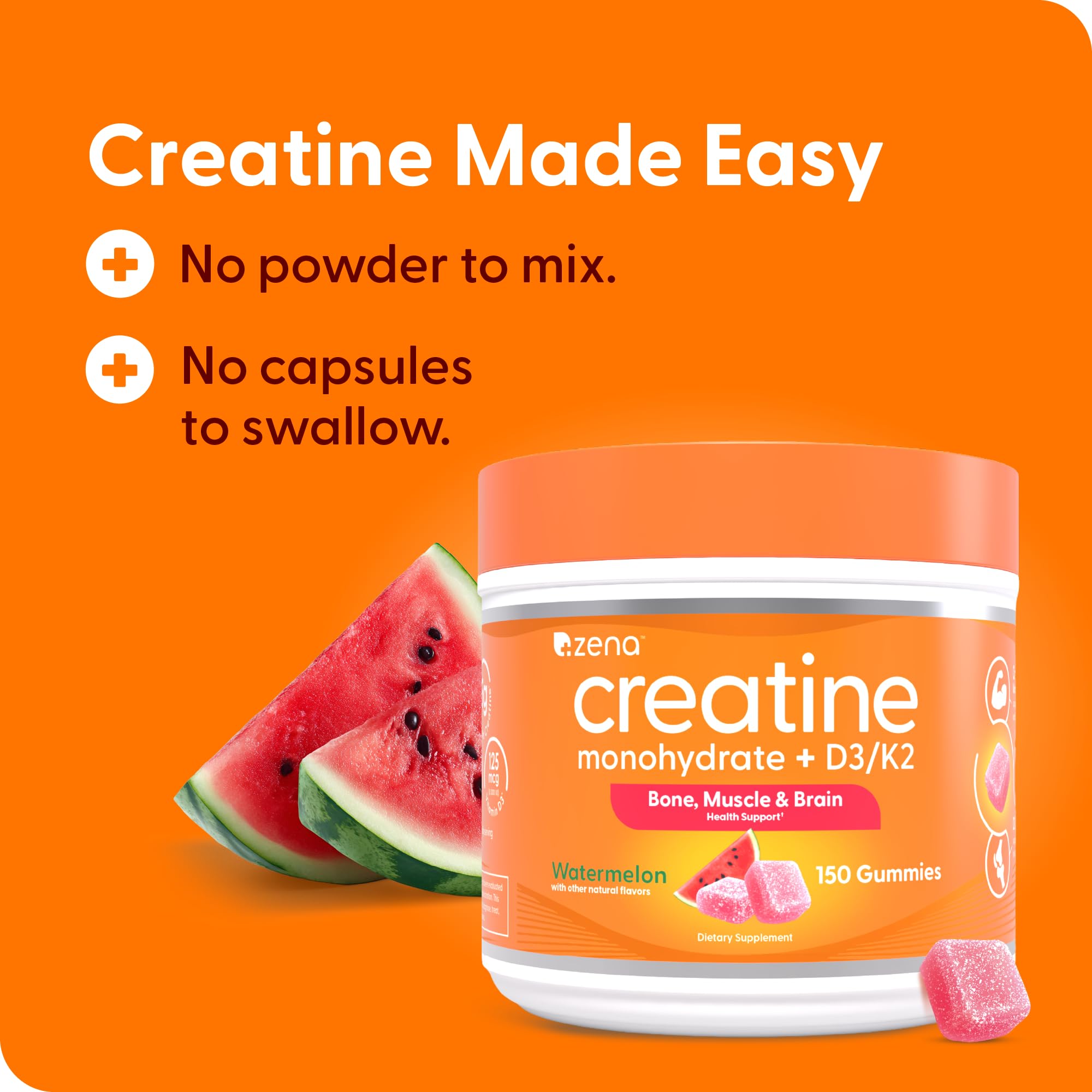 Zena Nutrition Creatine Gummies with D3 & K2, Creatine Monohydrate for Men and Women, Supports Bone, Muscle, & Cognitive Health, Gummy Workout Supplement, Watermelon Flavor, 150ct, 30 Daily Servings Zena Nutrition Au supplements