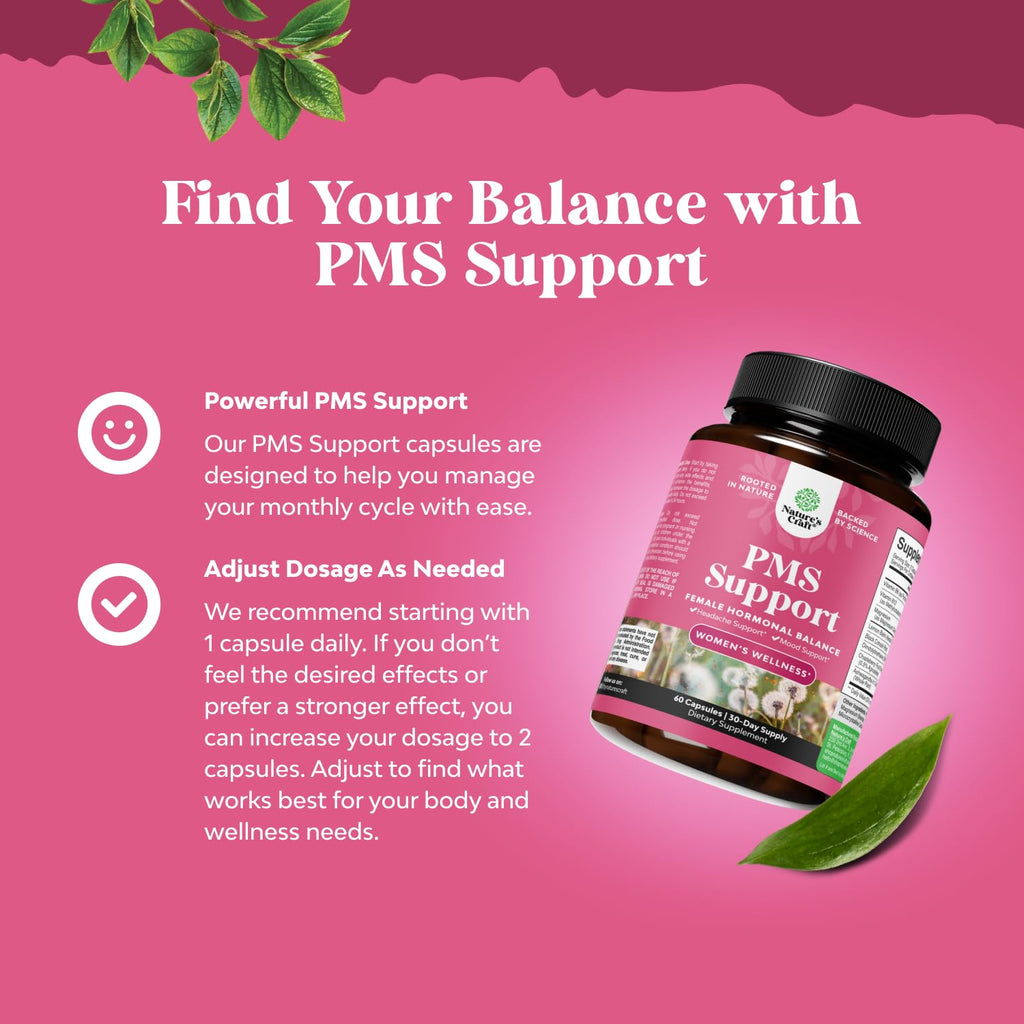PMS Support Supplement for Women – Hormone Balance for Women & Menstrual Discomfort with DIM, Chasteberry, Black Cohosh & Ashwagandha - for Period Cramps Ease, Menopause Bloating, Mood Swing – 60 Ct Natures Craft Au supplements