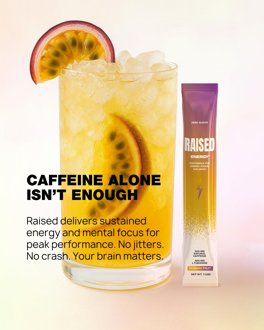 Raised Energy+ Nootropic Drink Mix | 200mg Natural Caffeine + L-Theanine | Zero Sugar | Clean Energy Powder for Focus, Mood & Motivation | 15 Stick Packs | Passion Fruit Flavor Raised Au supplements