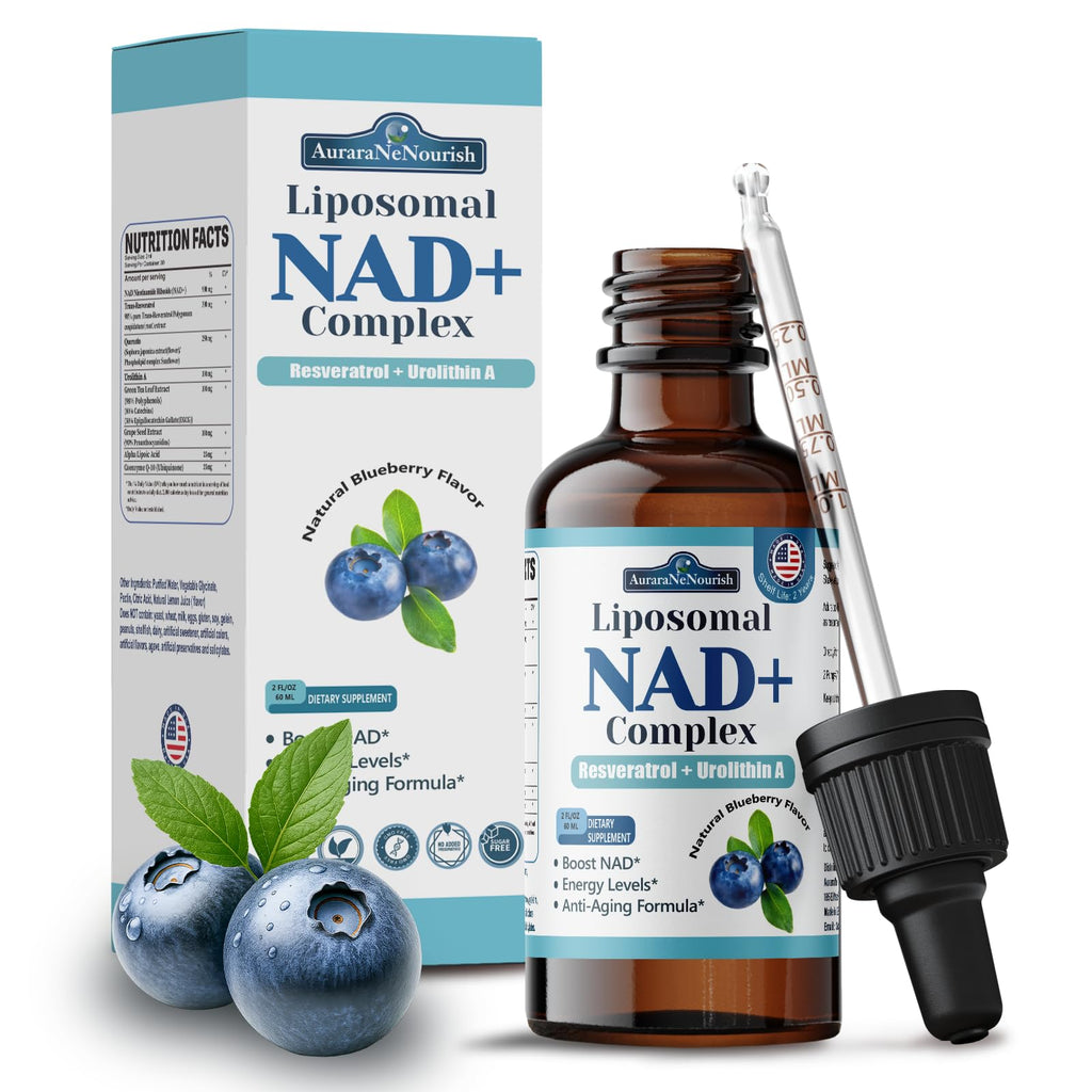 Liposomal NAD+ Liquid Drops, 8-in-1 NAD⁺ Nicotinamide Riboside Resveratrol 900mg w. Quercetin & Urolithin A | Fast Absorption NAD+ Supplement with CoQ10, ALA | Cellular Energy, Anti-Aging, Vitality AuraraNeNourish Au supplements