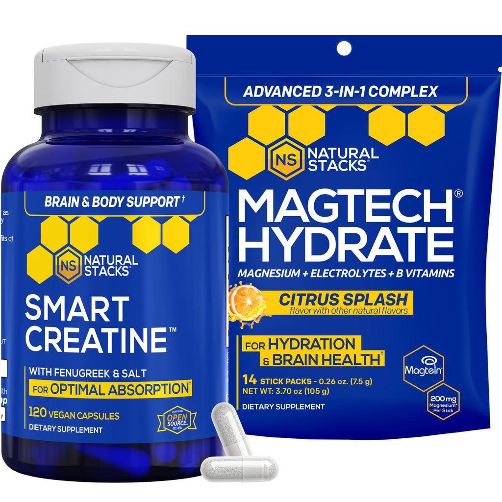 NATURAL STACKS Creatine Monohydrate & Magtech Hydrate Bundle - 2500mg Creatine + 200mg Elemental Magnesium Per Serving - Supports Hydration, Brain Health & Endurance - 44 Total Servings NATURAL STACKS Au supplements