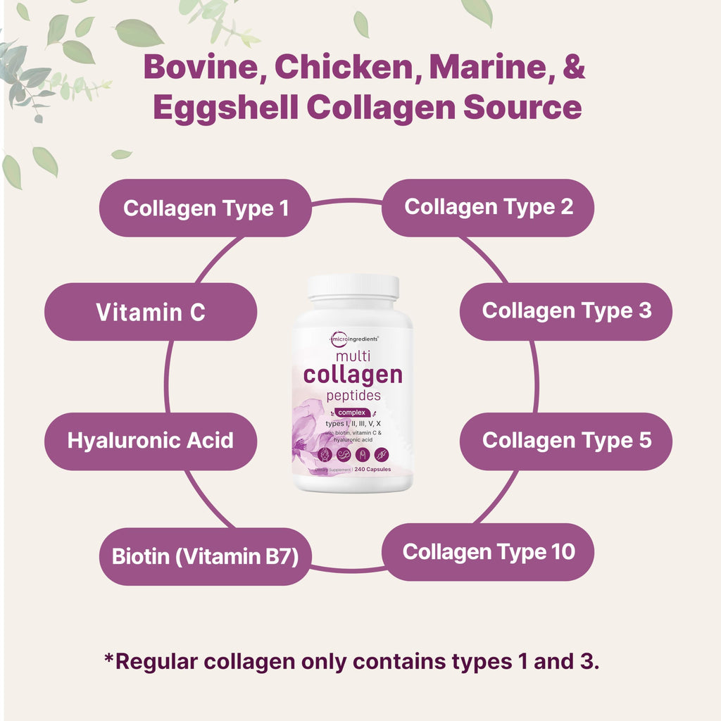 Micro Ingredients Multi Collagen Pills for Women & Men, 240 Capsules | Type I, II, III, V, X | Hydrolyzed Peptides with Biotin, Hyaluronic Acid